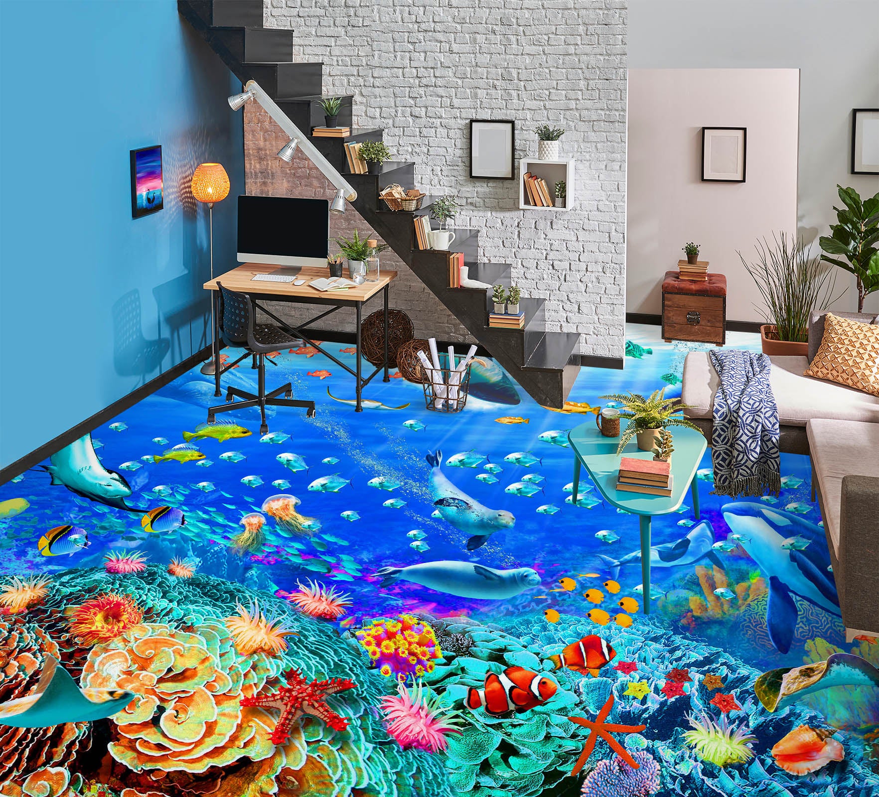 3D Sea Whale Seal Fish Coral 96212 Adrian Chesterman Floor Mural Wallpaper Murals Self-Adhesive Removable Print Epoxy