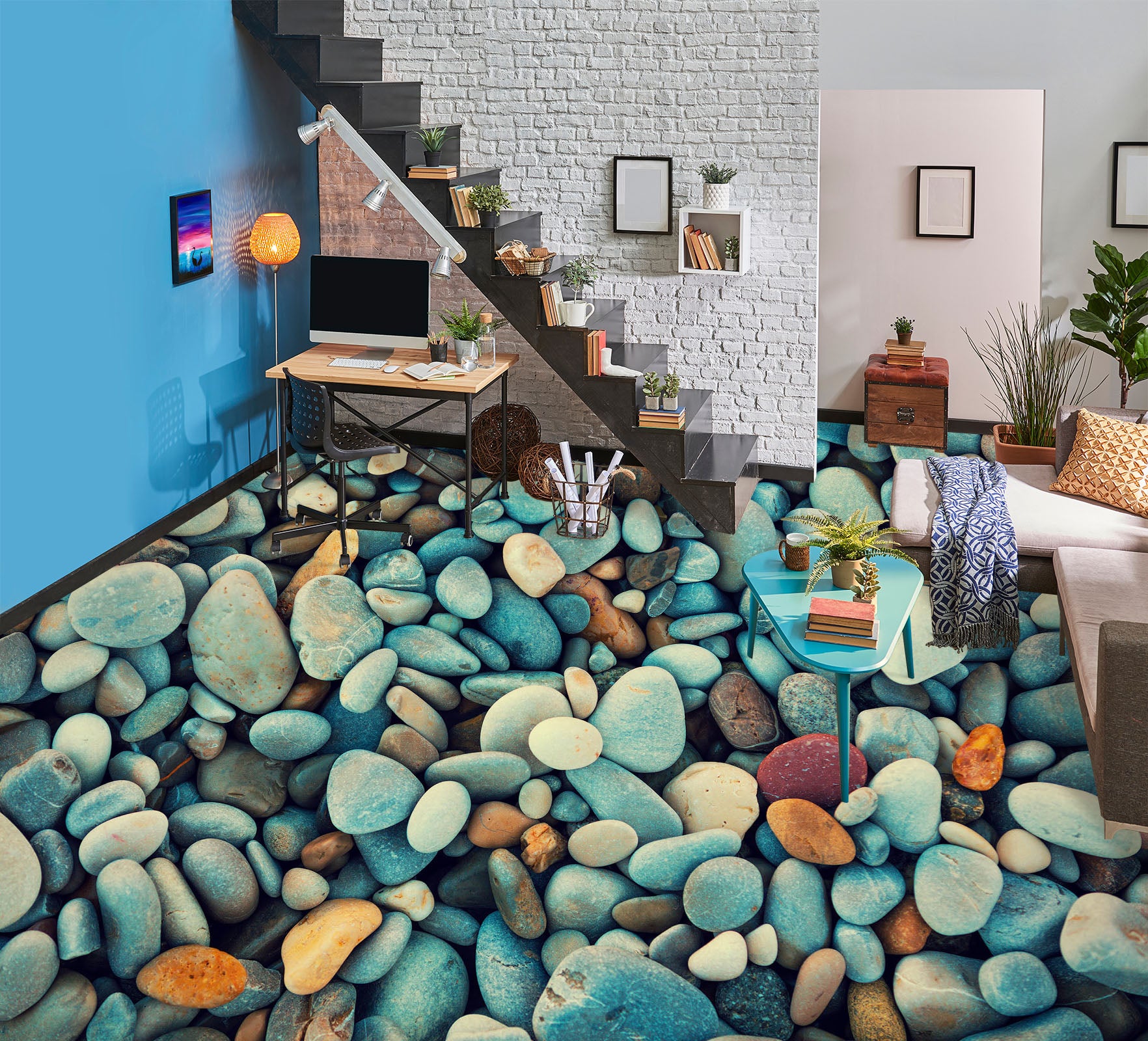 3D Light Blue Pebbles 341 Floor Mural Wallpaper Murals Rug & Mat Print Epoxy waterproof bath floor