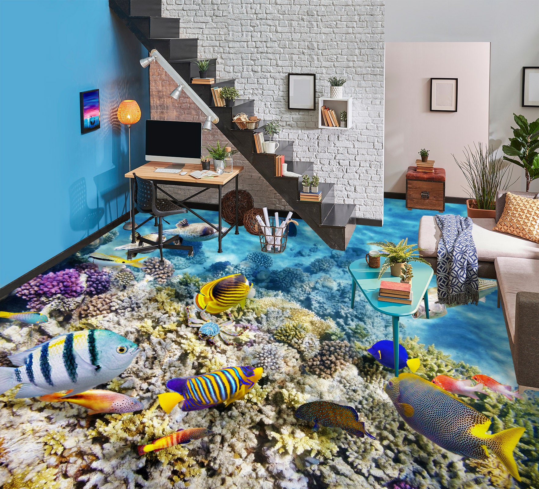 3D Free Happy Fish 707 Floor Mural Wallpaper Murals Rug & Mat Print Epoxy waterproof bath floor