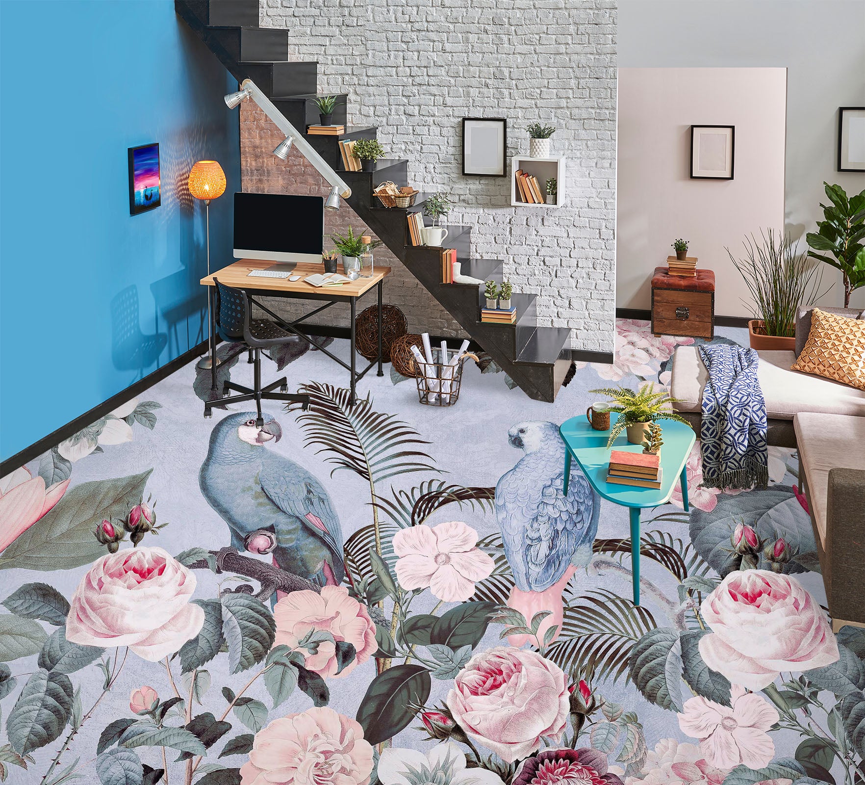 3D Parrot Flower Bush 104158 Andrea Haase Floor Mural Wallpaper Murals Self-Adhesive Removable Print Epoxy