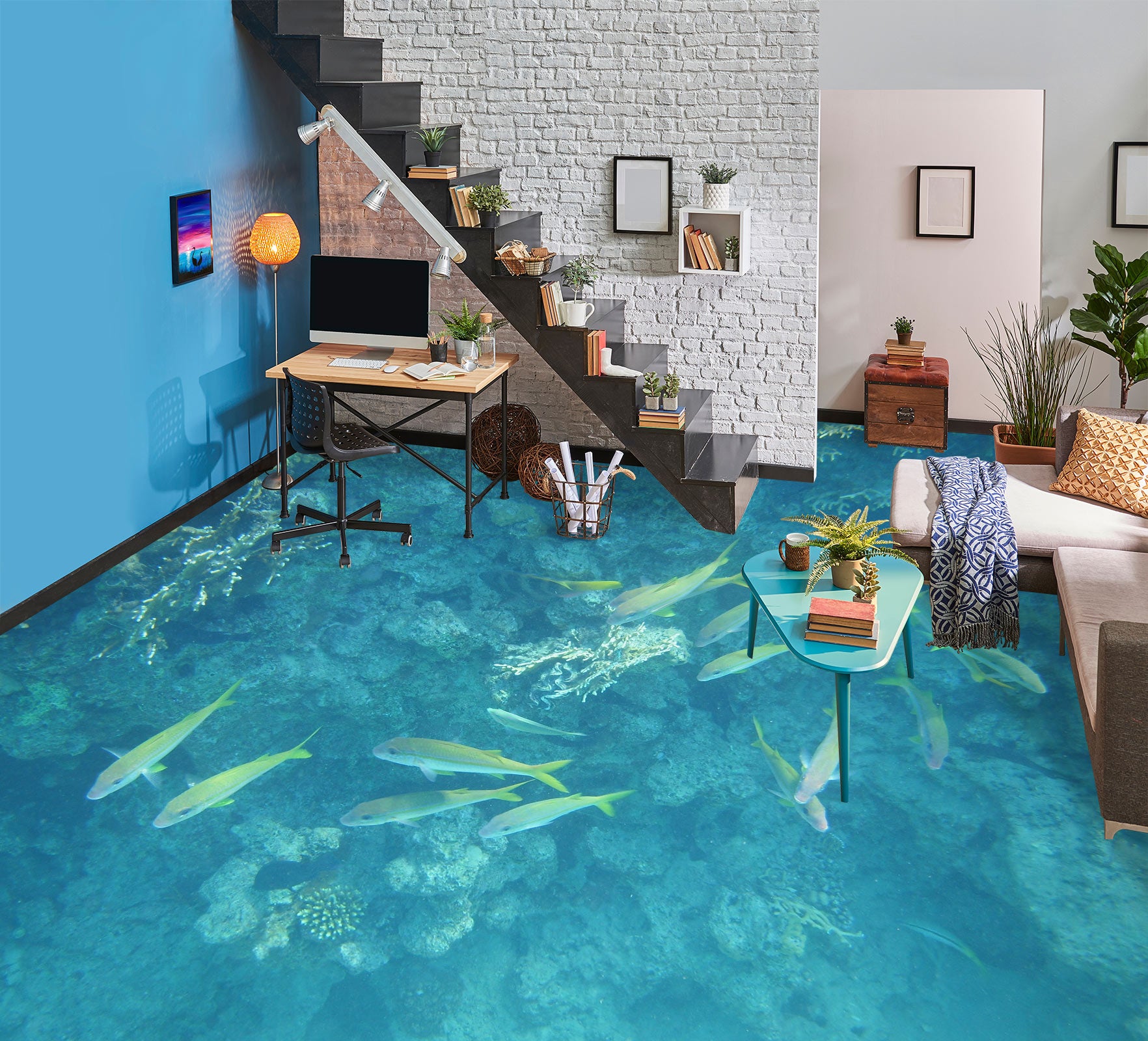 3D Cyan Fish 690 Floor Mural Wallpaper Murals Rug & Mat Print Epoxy waterproof bath floor