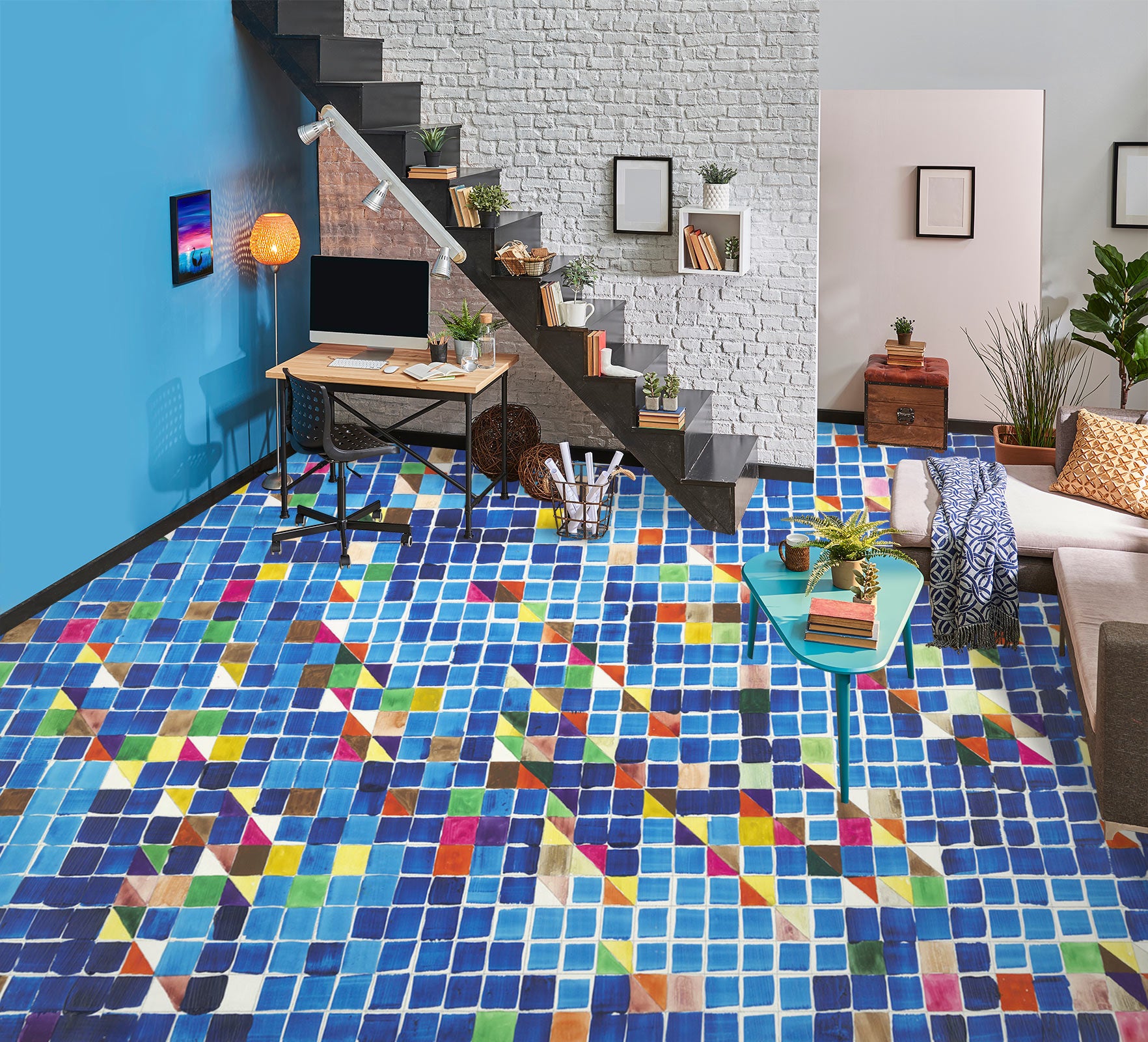 3D Blue Colored Mosaic Tiles 9687 Allan P. Friedlander Floor Mural Wallpaper Murals Self-Adhesive Removable Print Epoxy