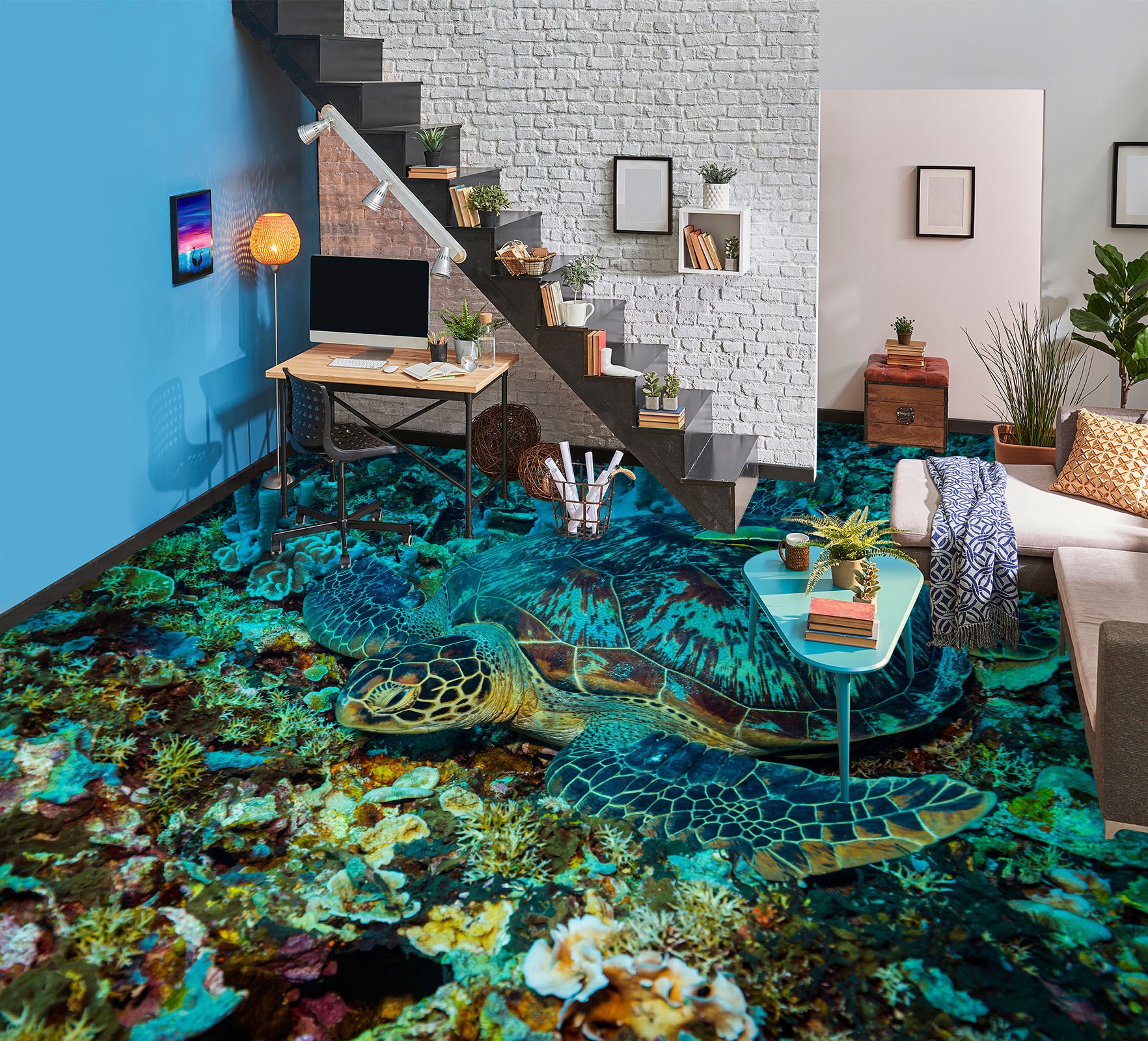 3D Mysterious Sea Turtle 360 Floor Mural Wallpaper Murals Rug & Mat Print Epoxy waterproof bath floor