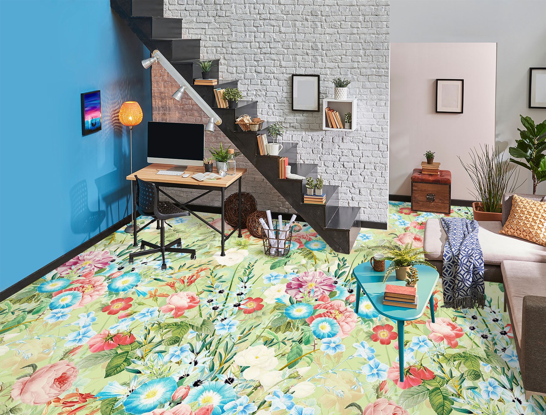 3D Red Blue Flowers 99223 Uta Naumann Floor Mural Wallpaper Murals Self-Adhesive Removable Print Epoxy