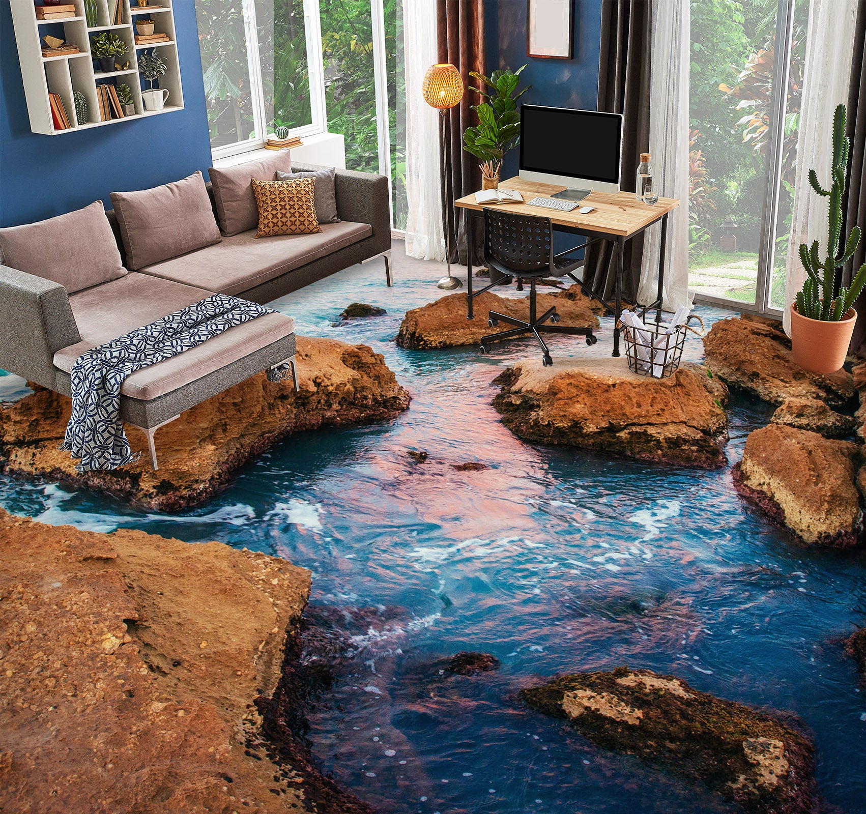 3D Faint Pink Sea 1291 Floor Mural