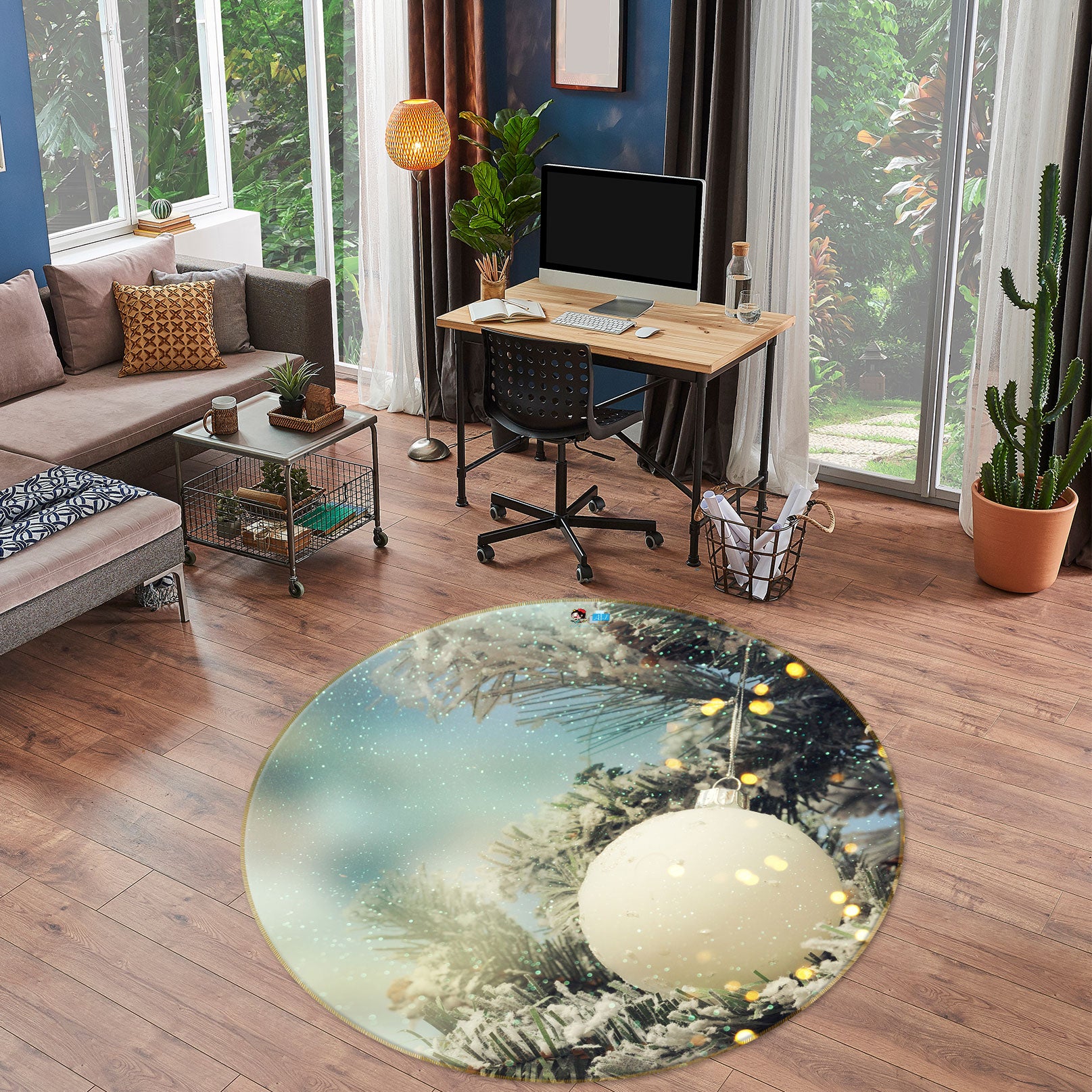 3D White Ball 55189 Christmas Round Non Slip Rug Mat Xmas