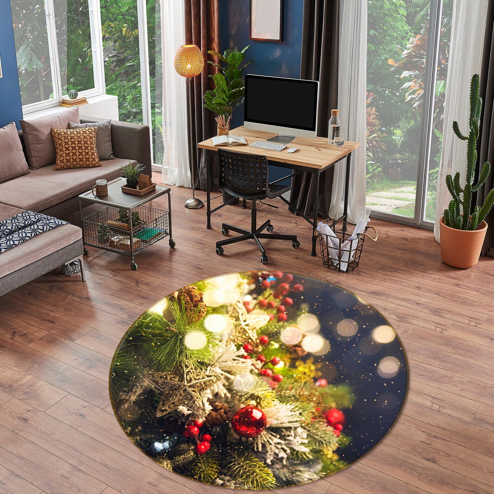 3D Star Snow Ball 56081 Christmas Round Non Slip Rug Mat Xmas