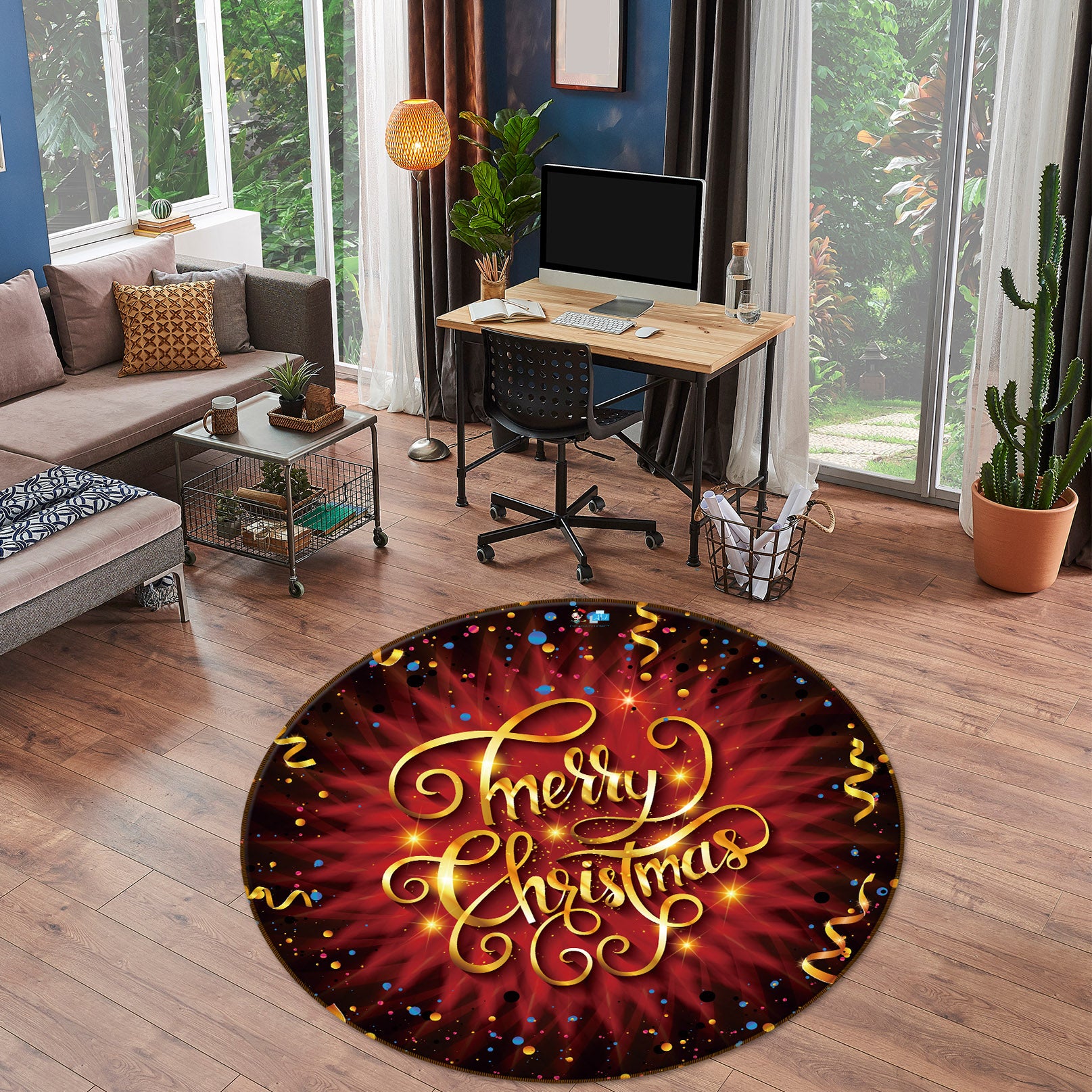 3D Golden Letters 56089 Christmas Round Non Slip Rug Mat Xmas