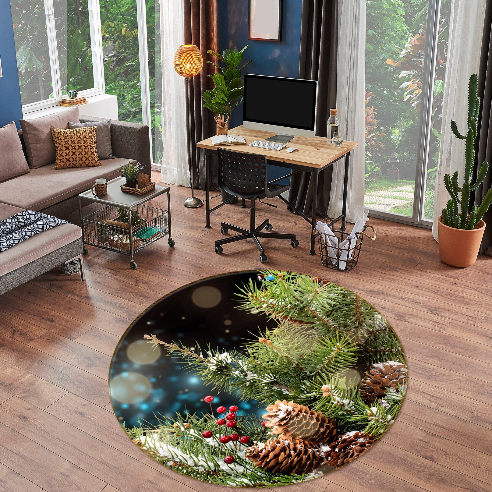 3D Pineta Branches 56084 Christmas Round Non Slip Rug Mat Xmas