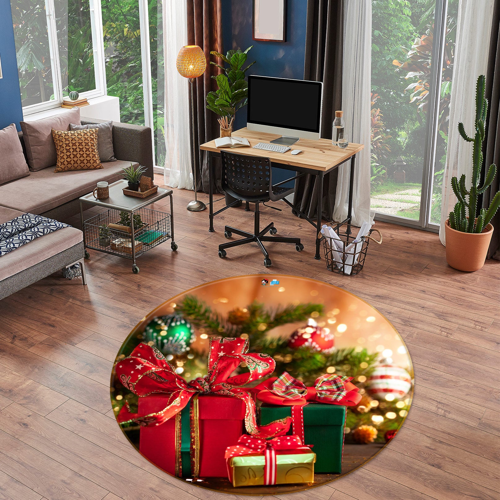3D Gift Box 55244 Christmas Round Non Slip Rug Mat Xmas