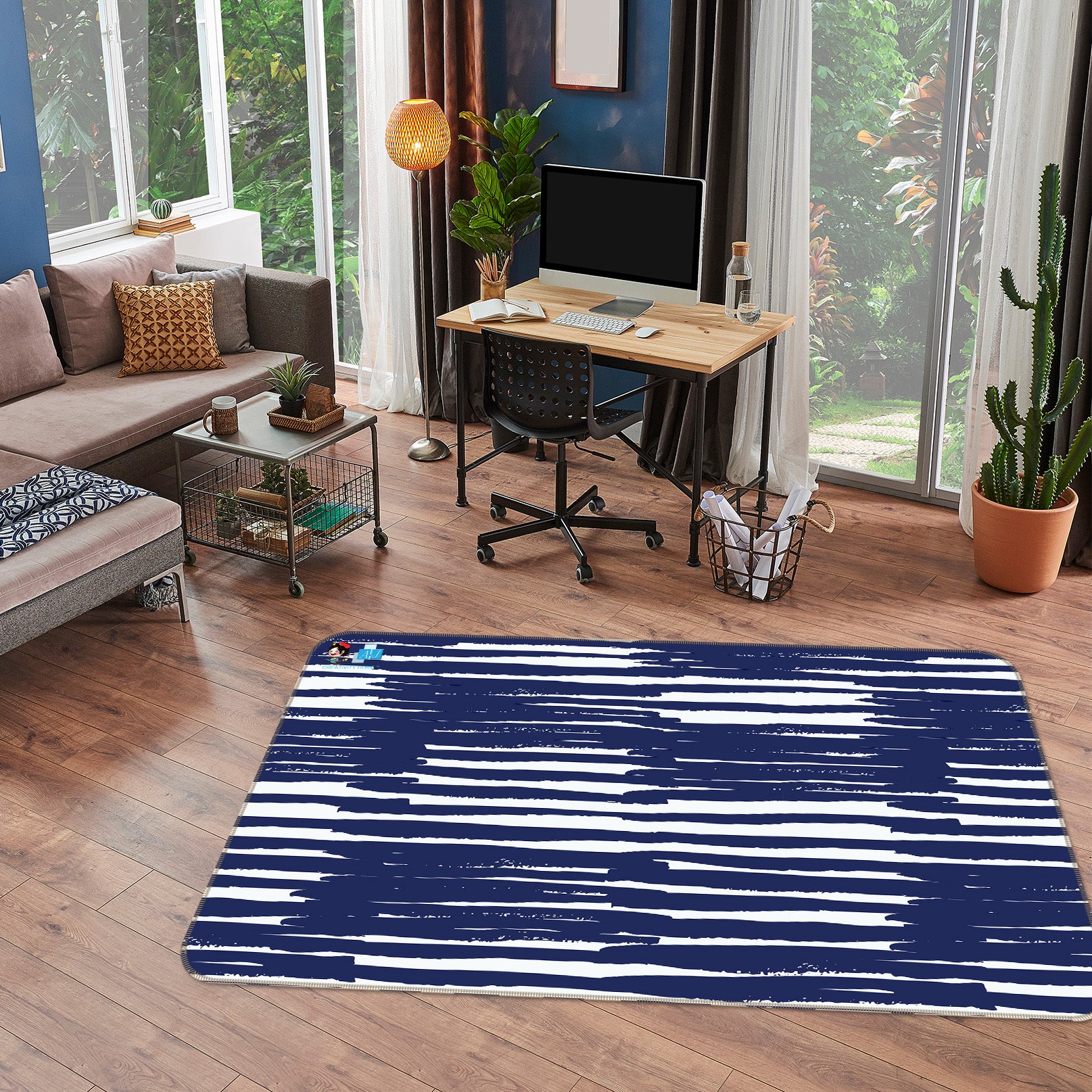 3D Navy Blue Stripe 107137 Kashmira Jayaprakash Rug Non Slip Rug Mat