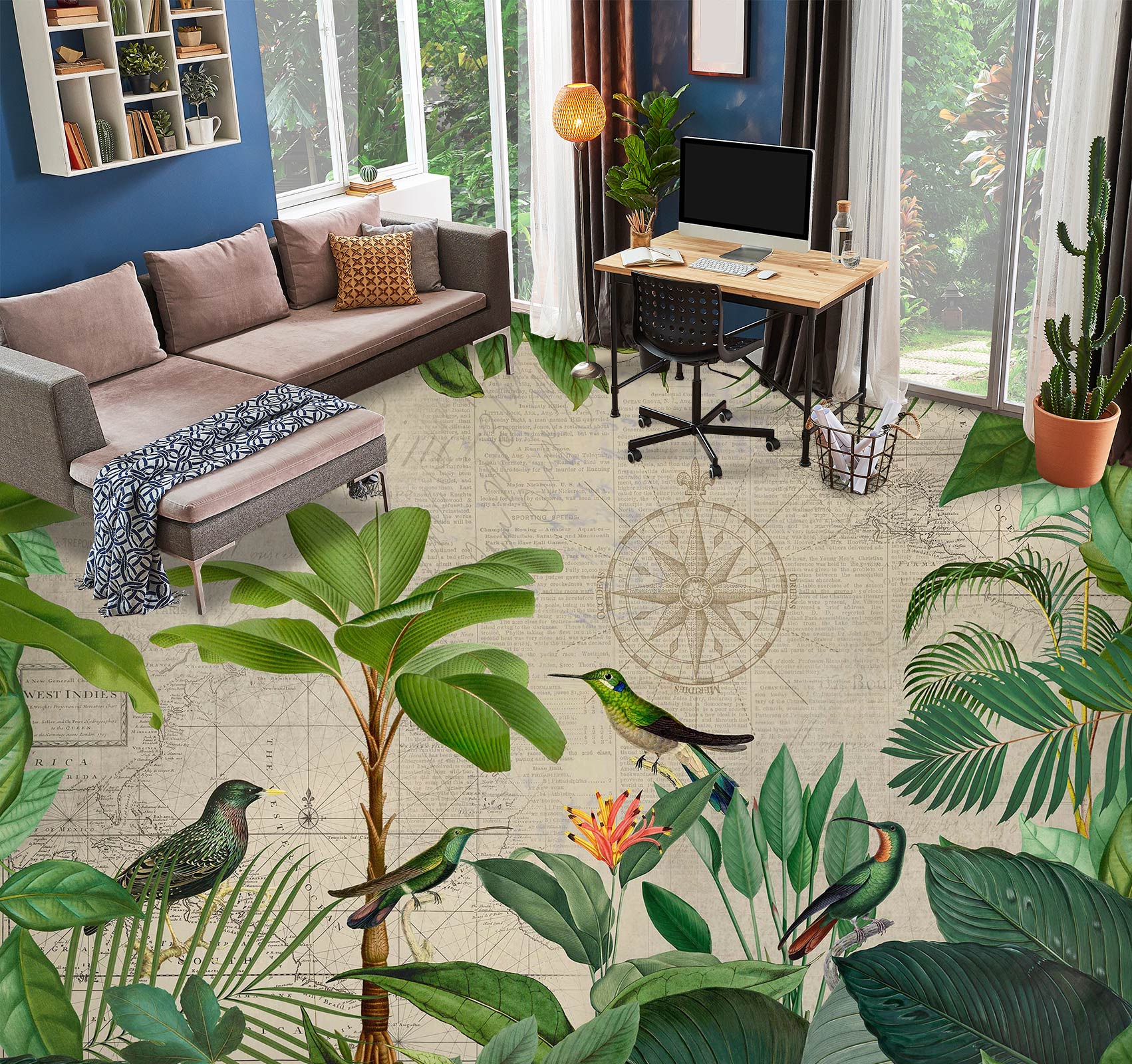 3D Green Tree Leaves Bird 10046 Andrea Haase Floor Mural Wallpaper Murals Self-Adhesive Removable Print Epoxy