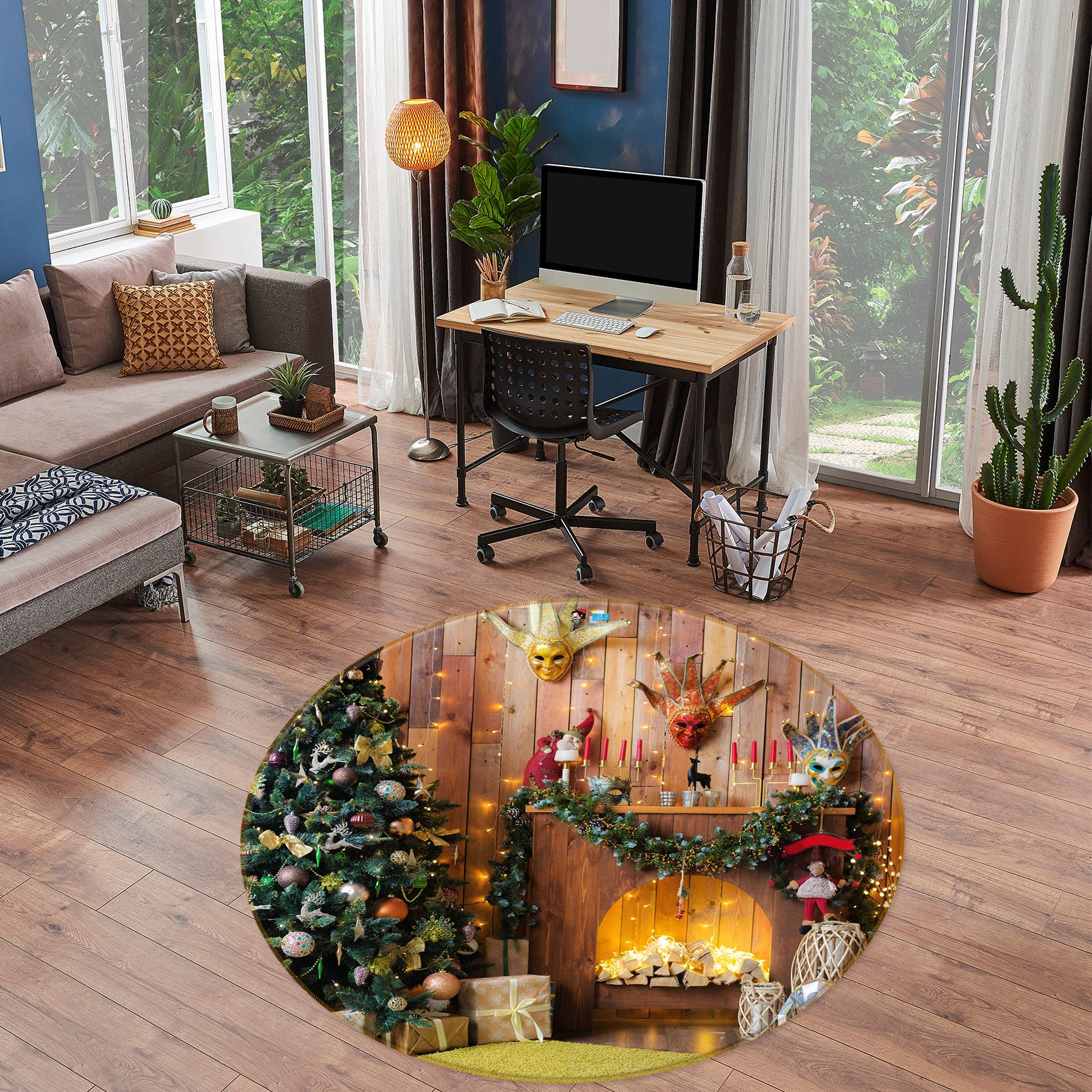 3D Tree Fireplace 55233 Christmas Round Non Slip Rug Mat Xmas