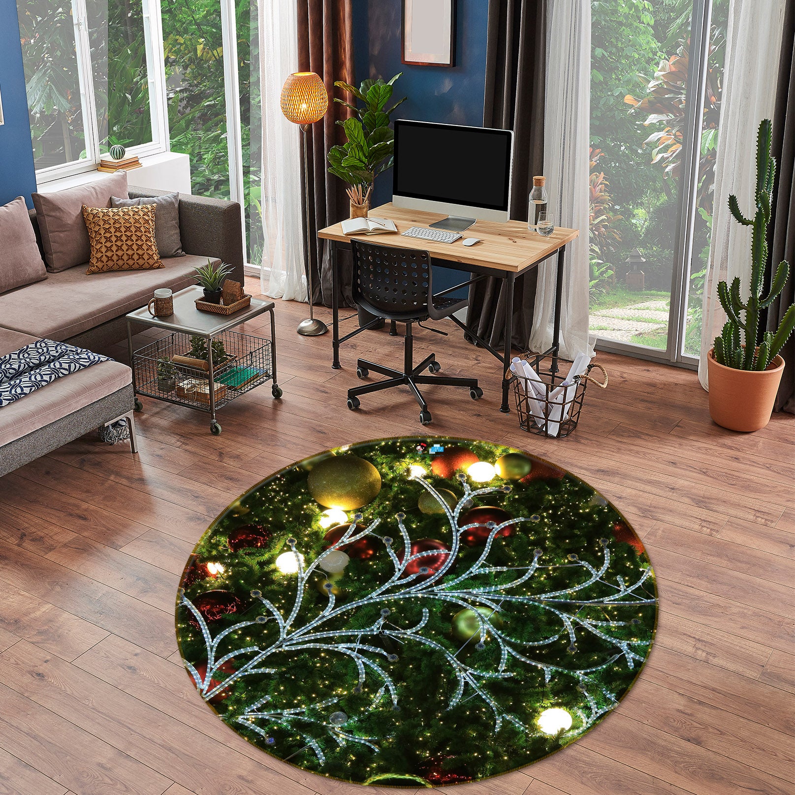 3D Branch Ball 56061 Christmas Round Non Slip Rug Mat Xmas