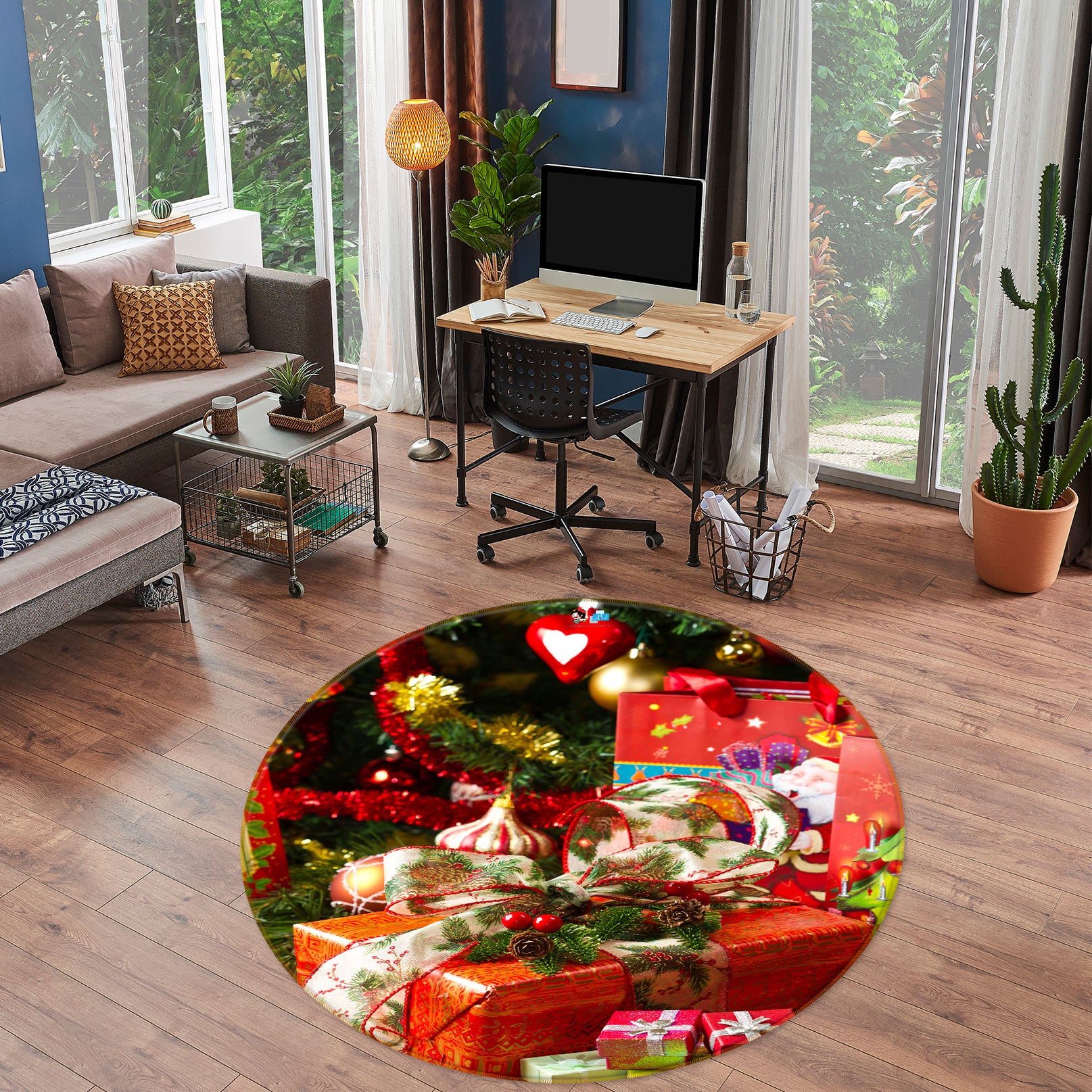 3D Red Gift Box 55168 Christmas Round Non Slip Rug Mat Xmas