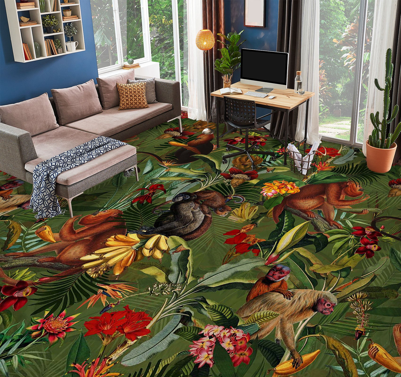 3D Leaf Jungle Monkey 99203 Uta Naumann Floor Mural Wallpaper Murals Self-Adhesive Removable Print Epoxy