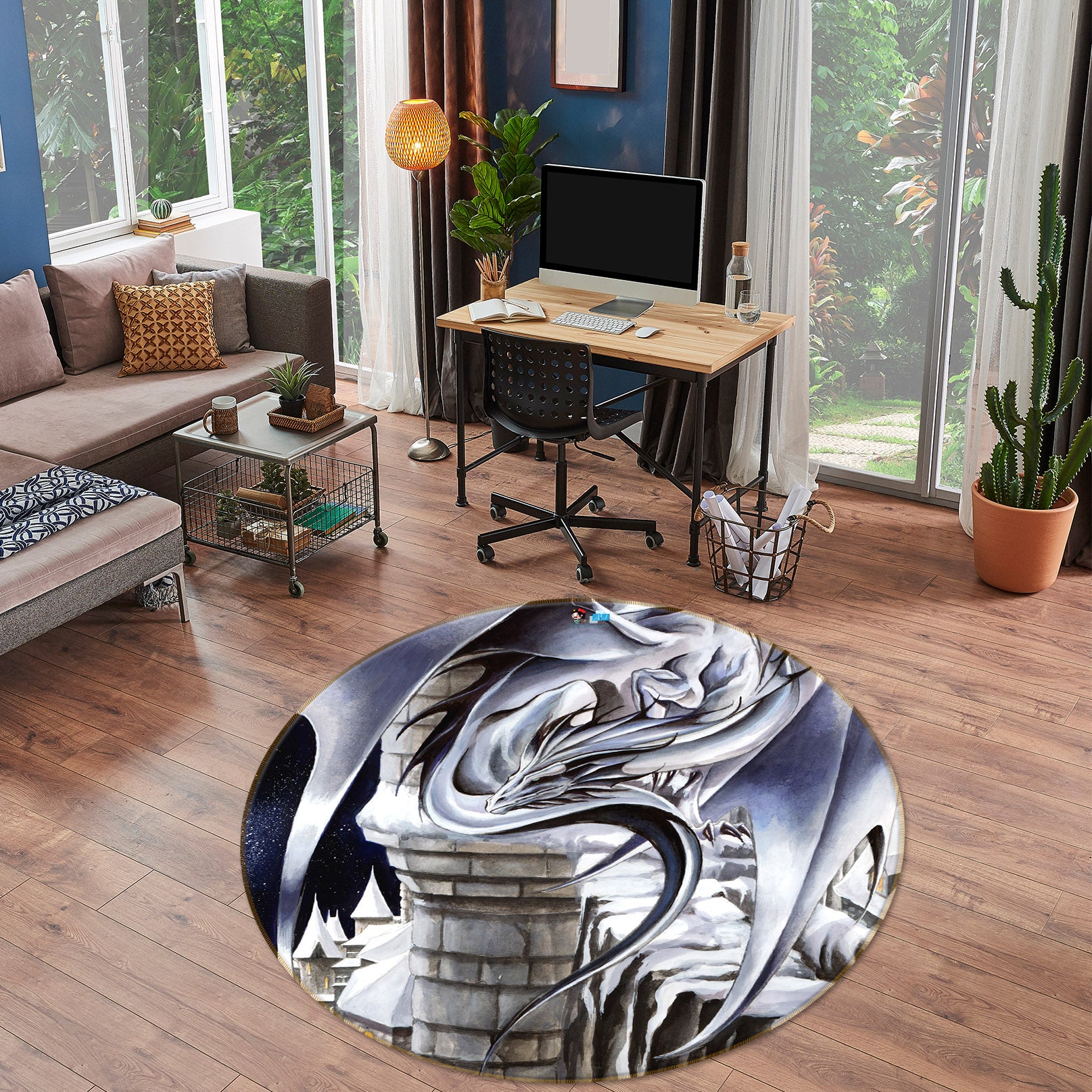 3D Gray Dragon 8389 Ruth Thompson Rug Round Non Slip Rug Mat