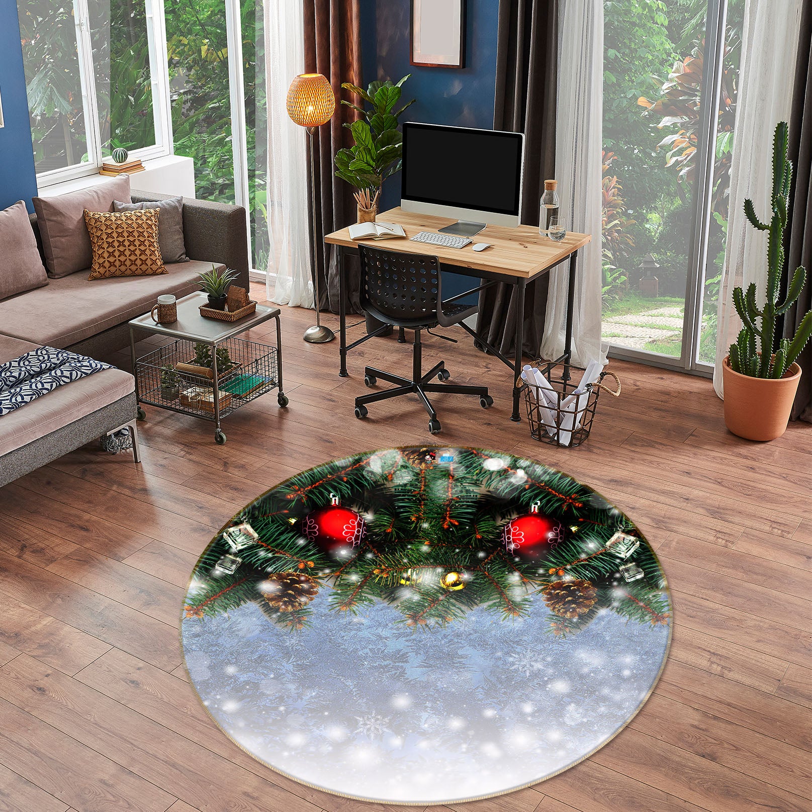 3D Snowflake Tree 56075 Christmas Round Non Slip Rug Mat Xmas