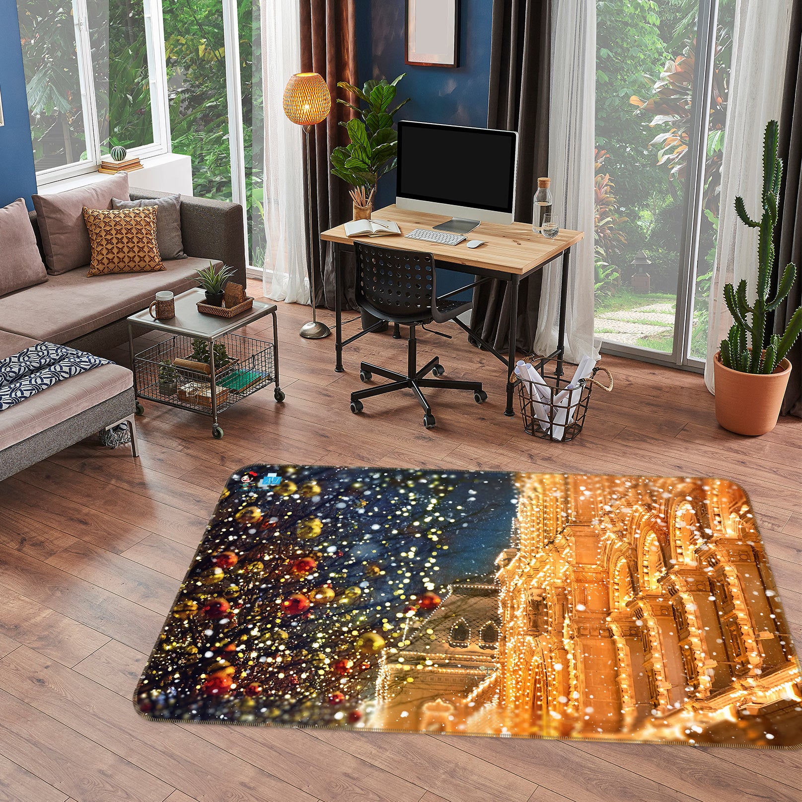 3D Golden Light Building 56163 Christmas Non Slip Rug Mat Xmas