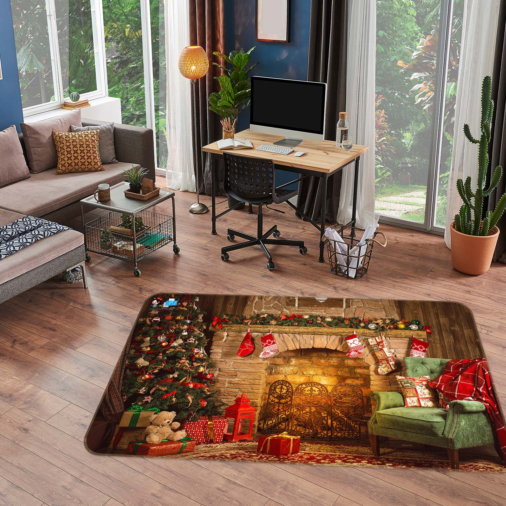 3D Sofa Fireplace 56123 Christmas Non Slip Rug Mat Xmas