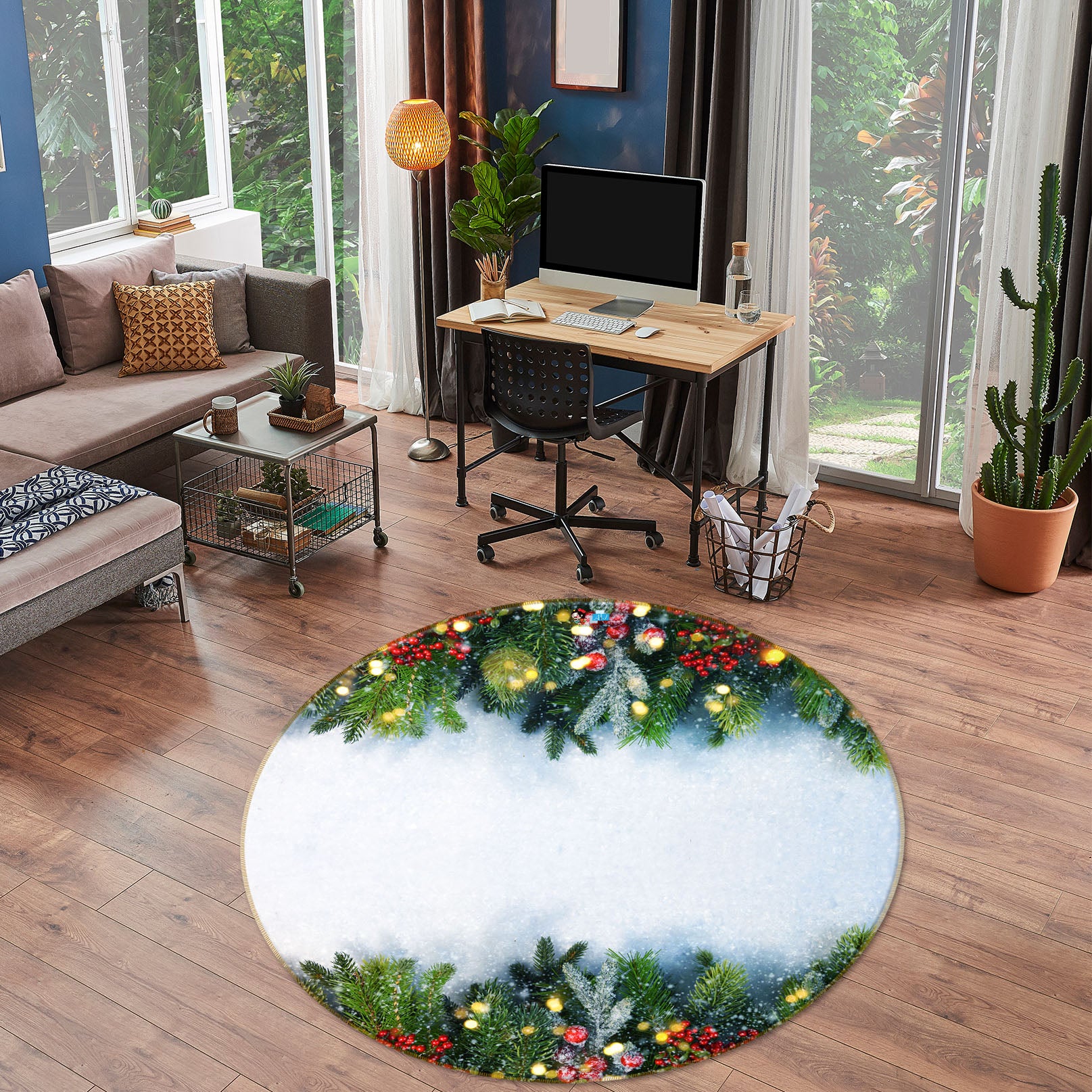 3D Branches Colorful Ball 56050 Christmas Round Non Slip Rug Mat Xmas