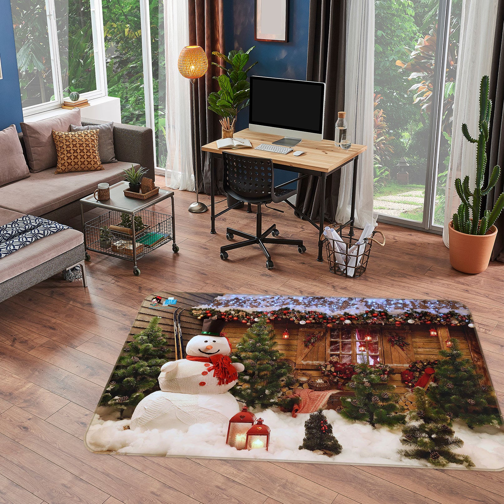 3D Snowman Cabin 56159 Christmas Non Slip Rug Mat Xmas
