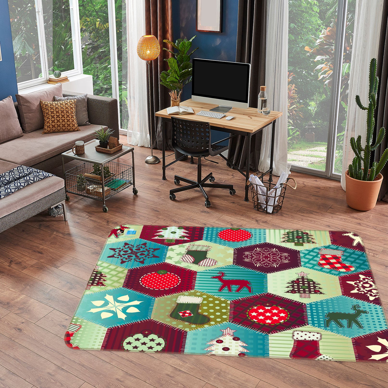 3D Hexagon Deer Pattern 56122 Christmas Non Slip Rug Mat Xmas