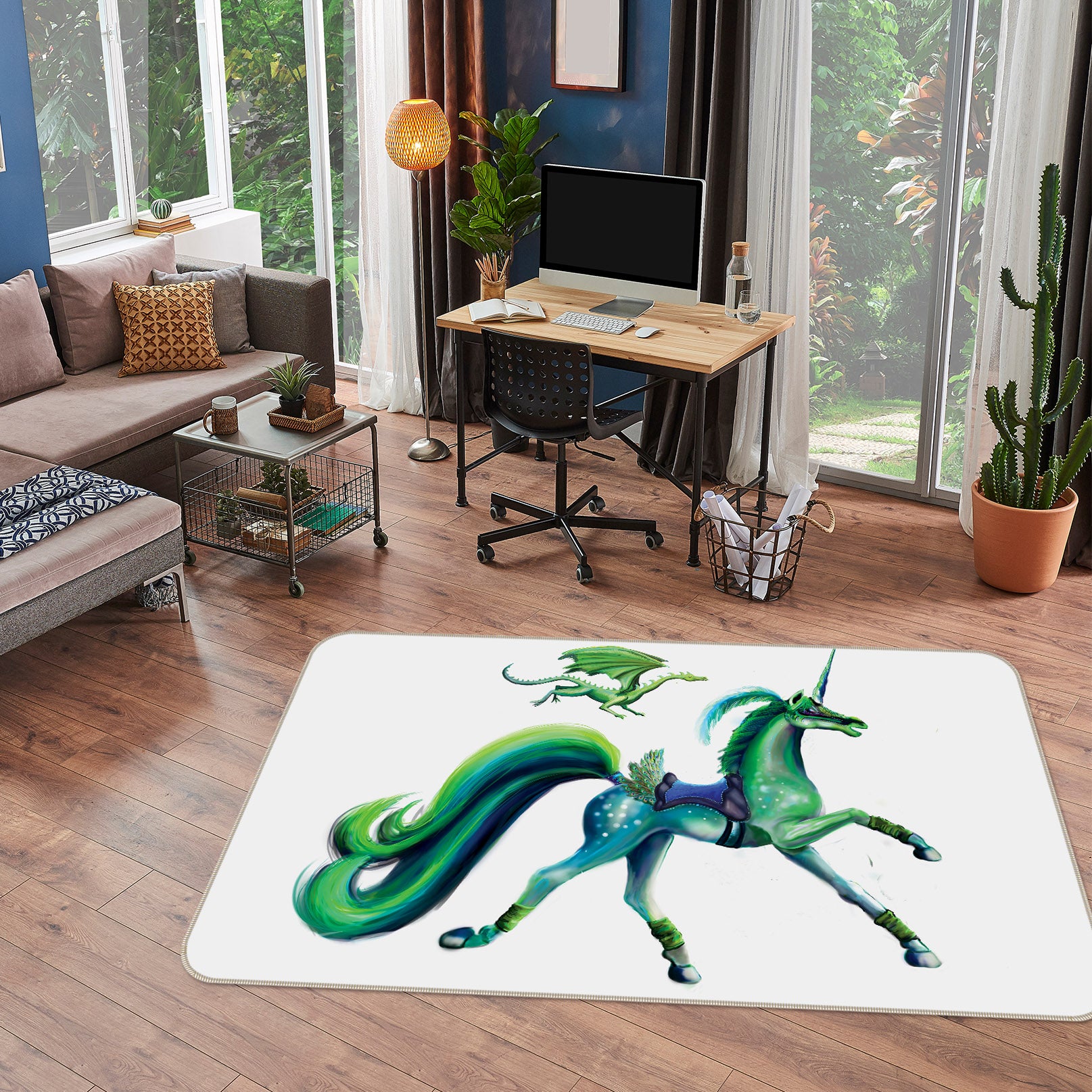 3D Green Unicorn 3021 Rose Catherine Khan Rug Non Slip Rug Mat