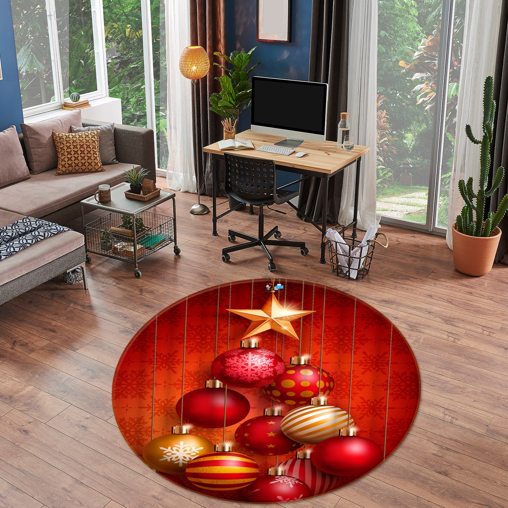 3D Red Ball 55260 Christmas Round Non Slip Rug Mat Xmas