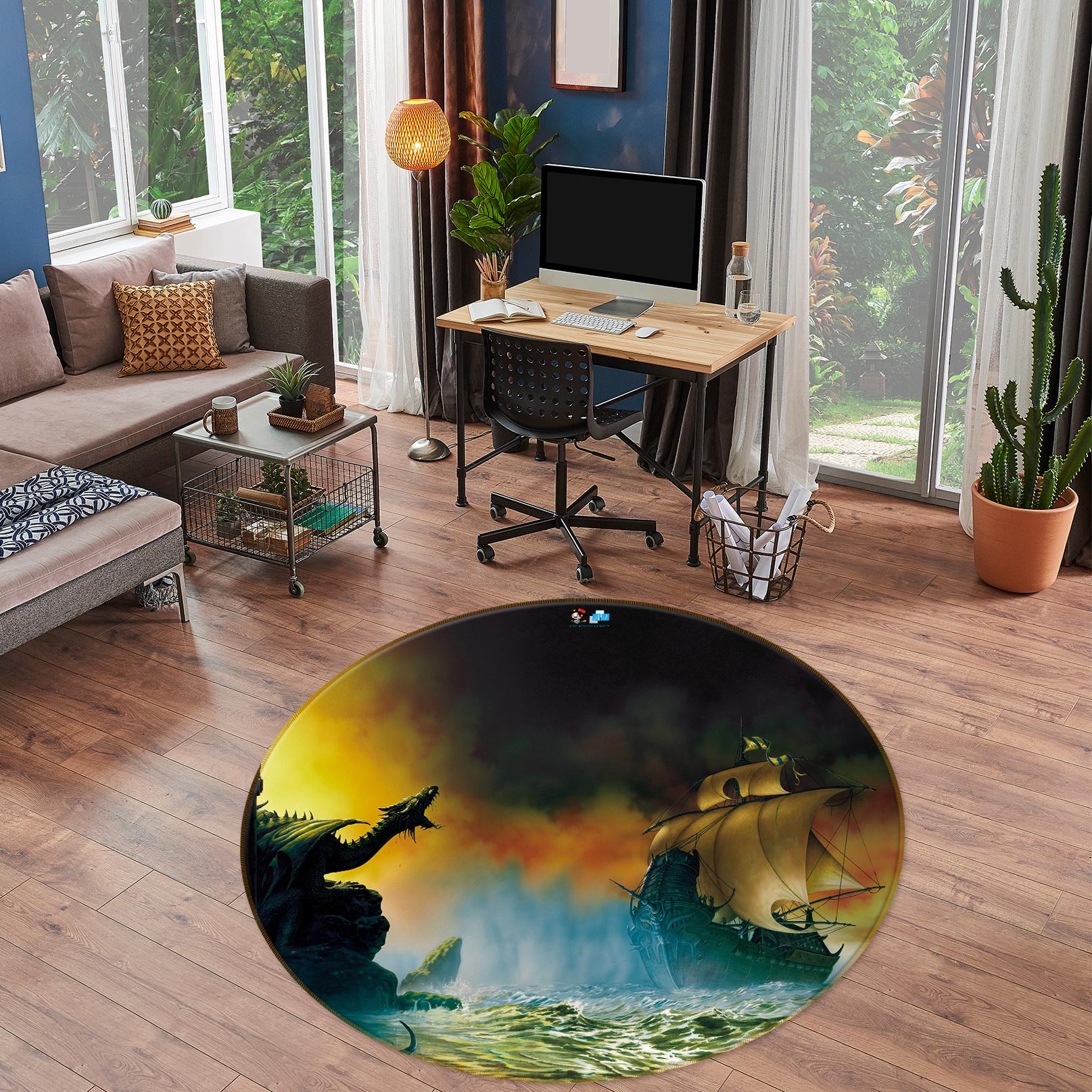 3D Ocean Sailboat Dragon 6065 Ciruelo Rug Round Non Slip Rug Mat