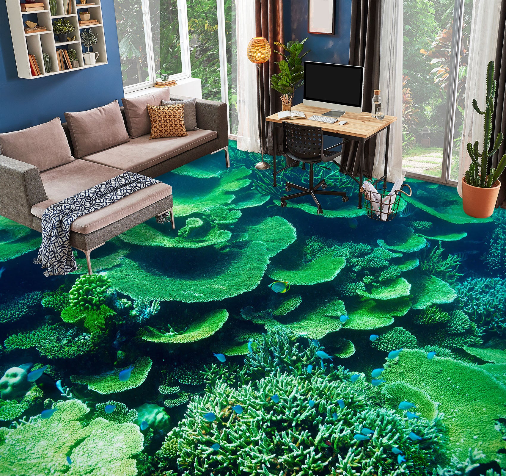 3D Vivid Green Coral 1425 Floor Mural Wallpaper Murals Self-Adhesive Removable Print Epoxy