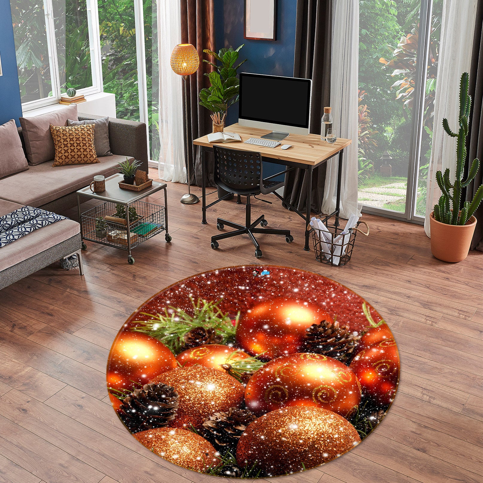 3D Golden Ball 56010 Christmas Round Non Slip Rug Mat Xmas