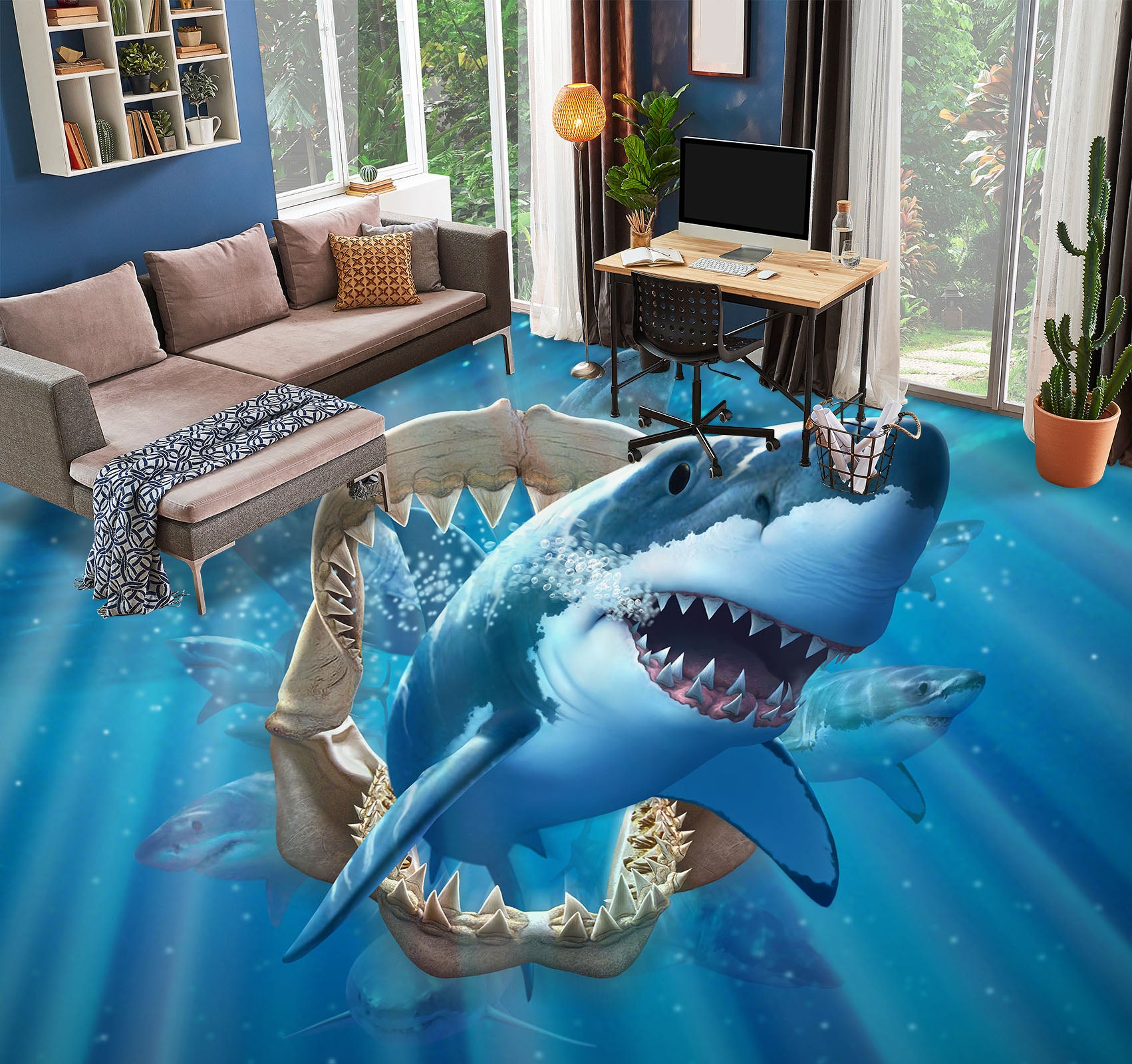 3D Shark 96220 Jerry LoFaro Floor Mural Wallpaper Murals Self-Adhesive Removable Print Epoxy