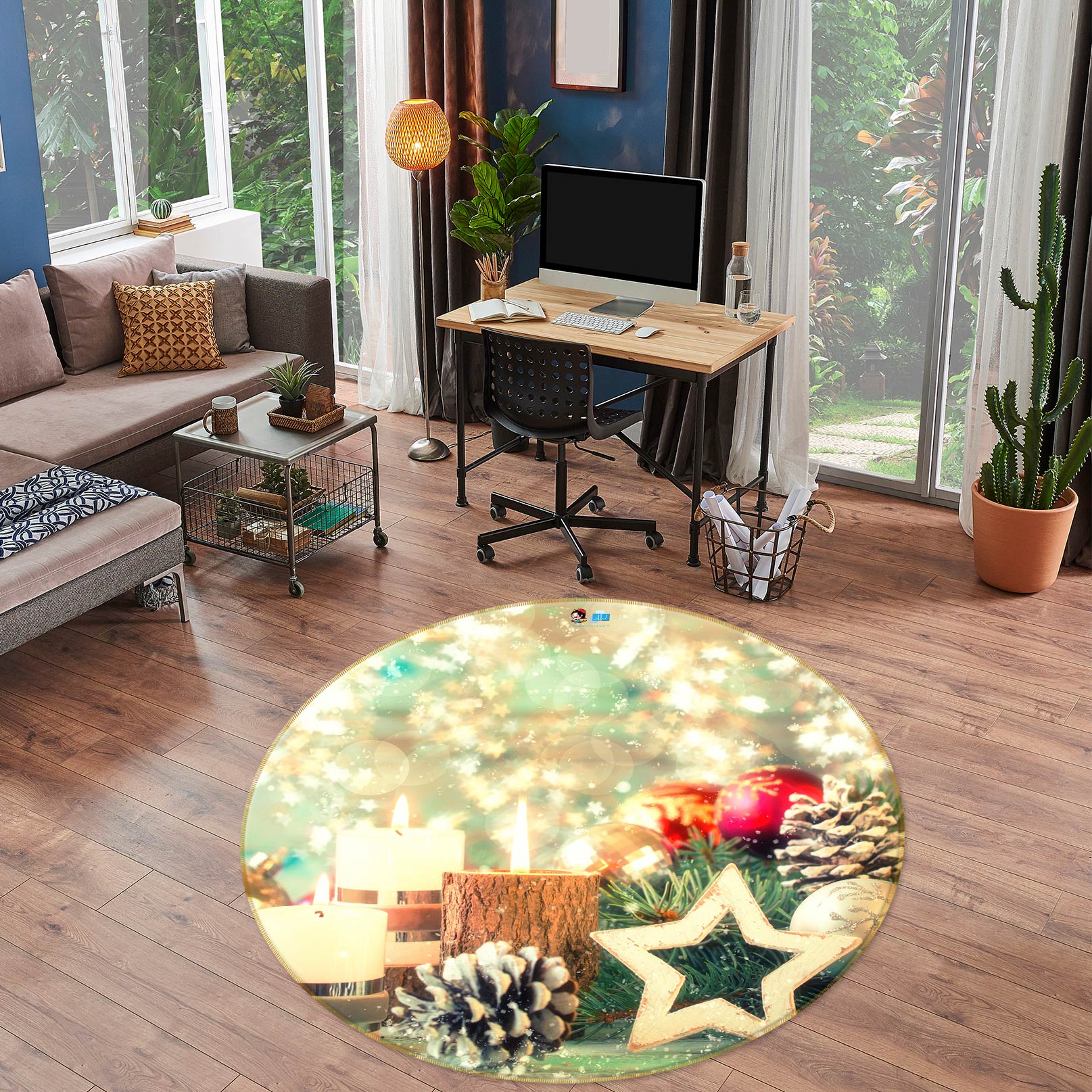 3D Five-Pointed Star Pineta 55180 Christmas Round Non Slip Rug Mat Xmas