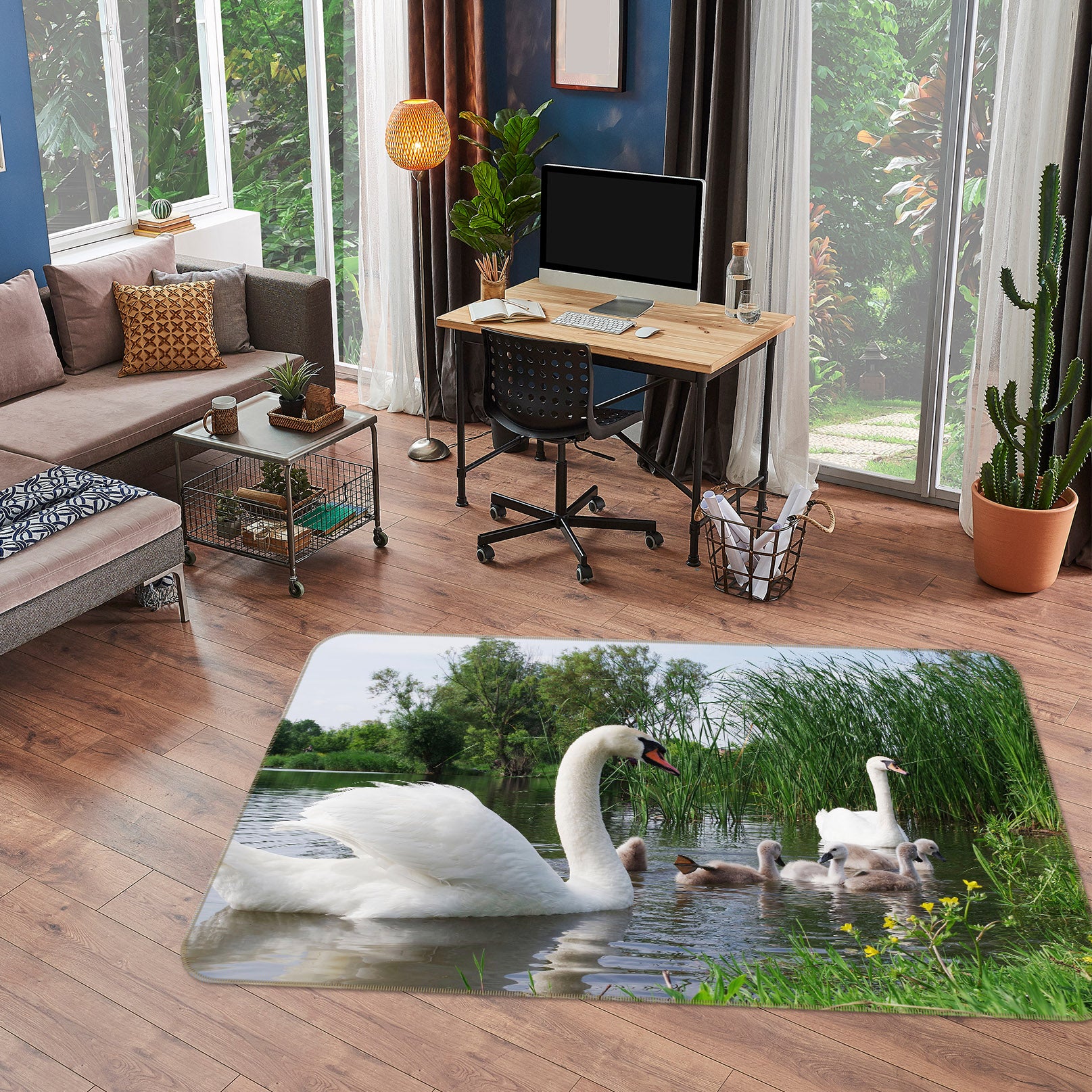 3D Swan Lake Tree 082 Animal Non Slip Rug Mat