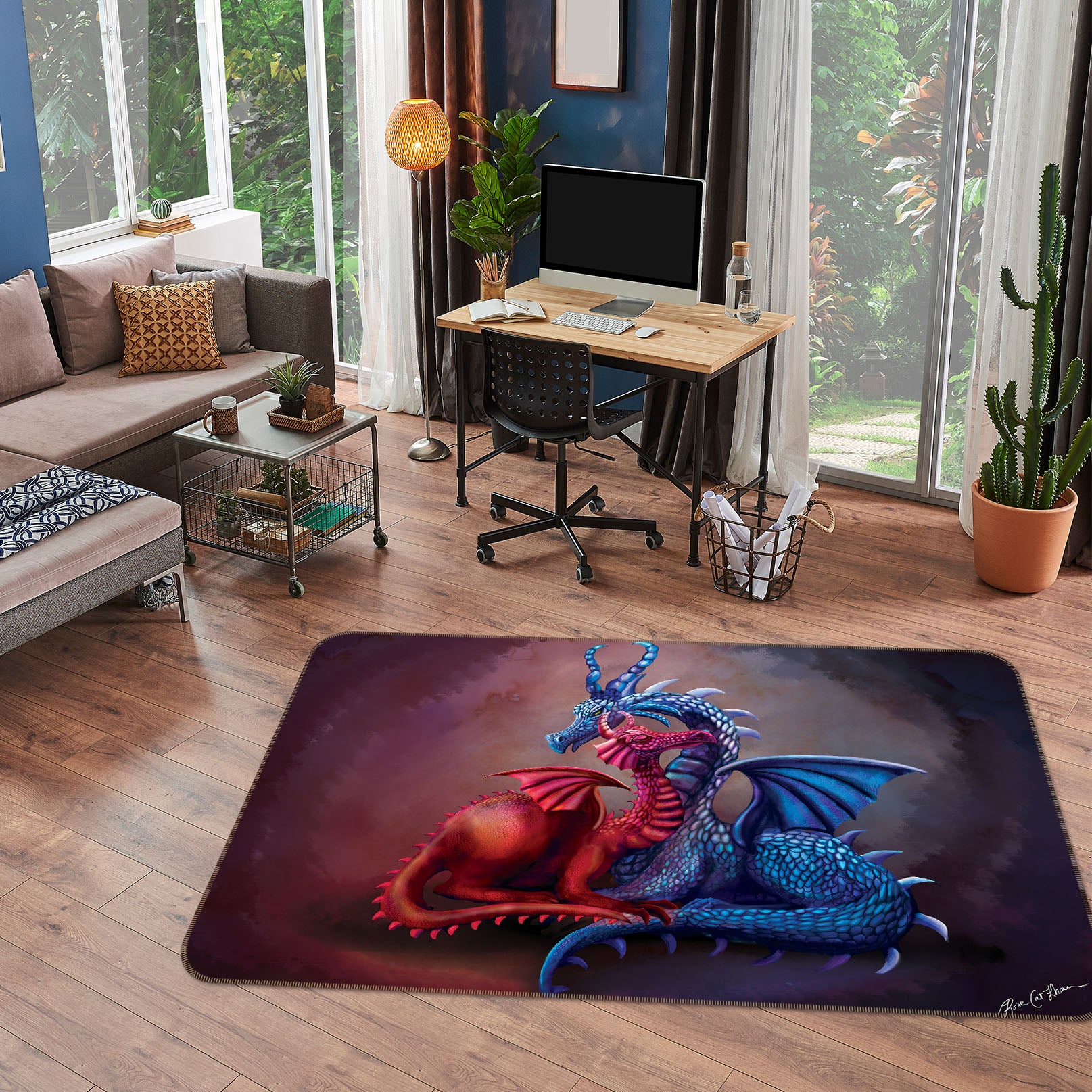 3D Two Snakes 3004 Rose Catherine Khan Rug Non Slip Rug Mat