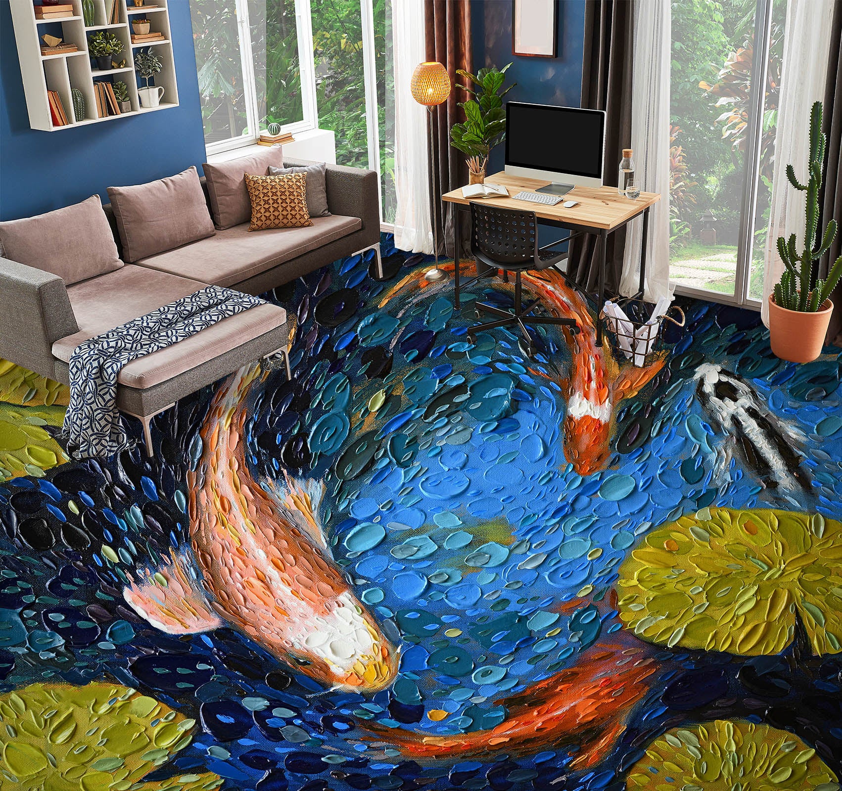 3D Goldfish Leaves 102155 Dena Tollefson Floor Mural Wallpaper Murals Self-Adhesive Removable Print Epoxy