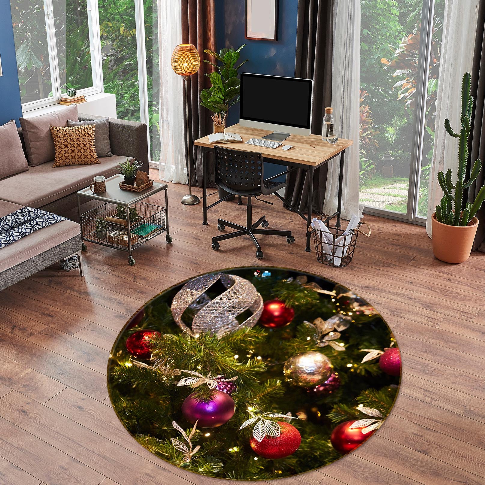 3D Red Ball Pendant 56065 Christmas Round Non Slip Rug Mat Xmas