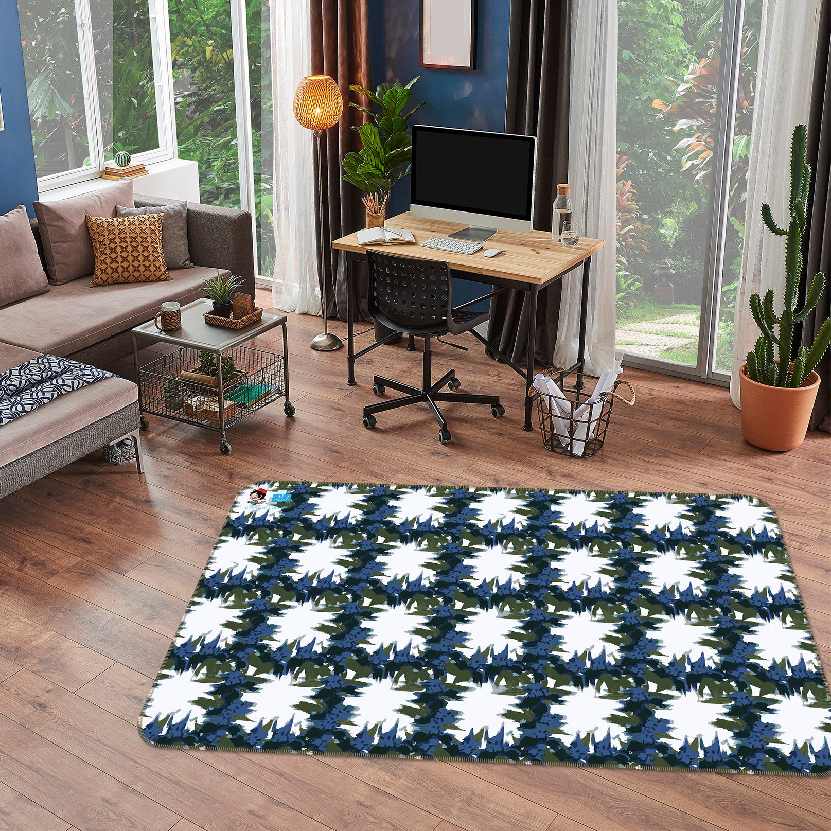 3D Blue Flower Plaid Pattern 107100 Kashmira Jayaprakash Rug Non Slip Rug Mat