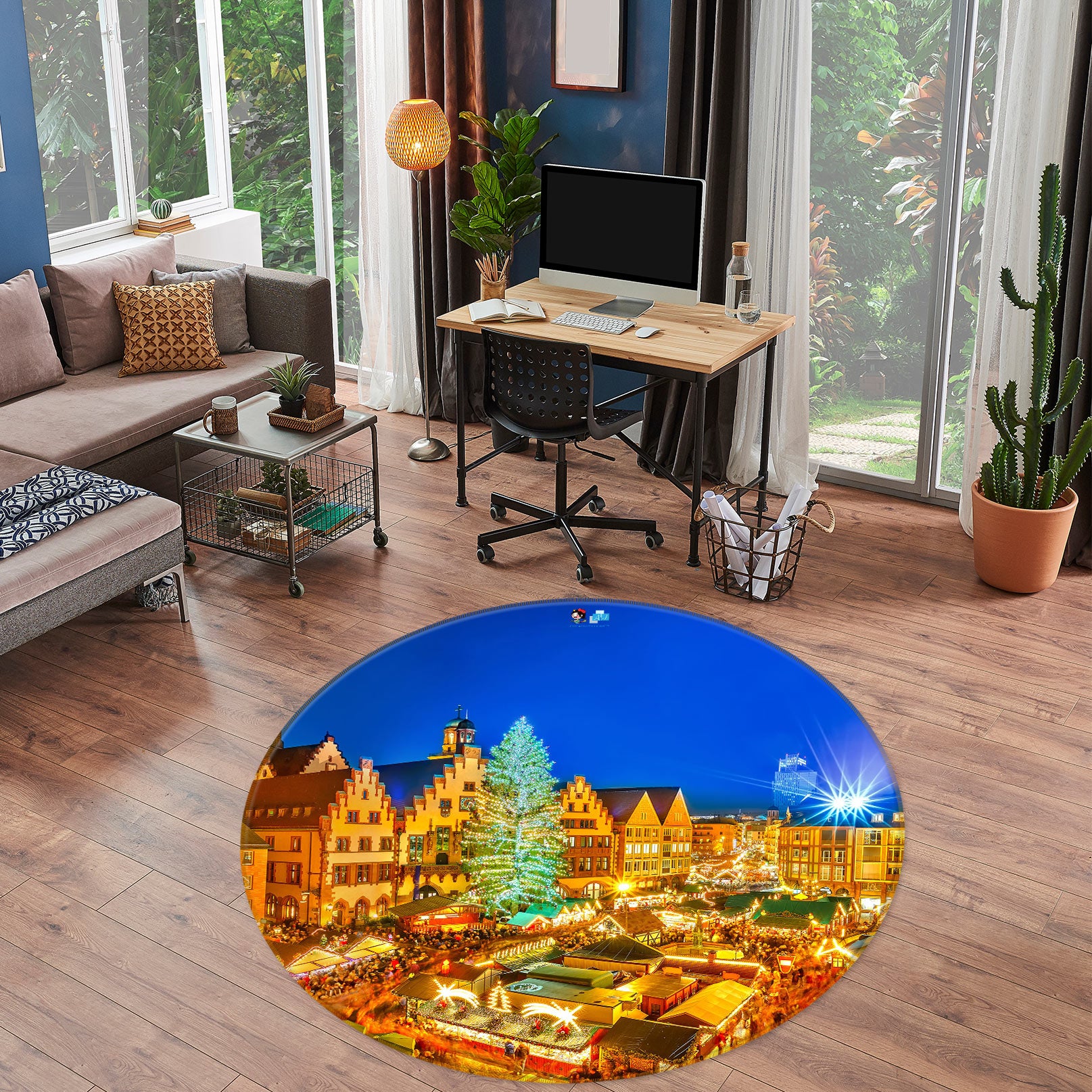 3D Golden Light House 55192 Christmas Round Non Slip Rug Mat Xmas