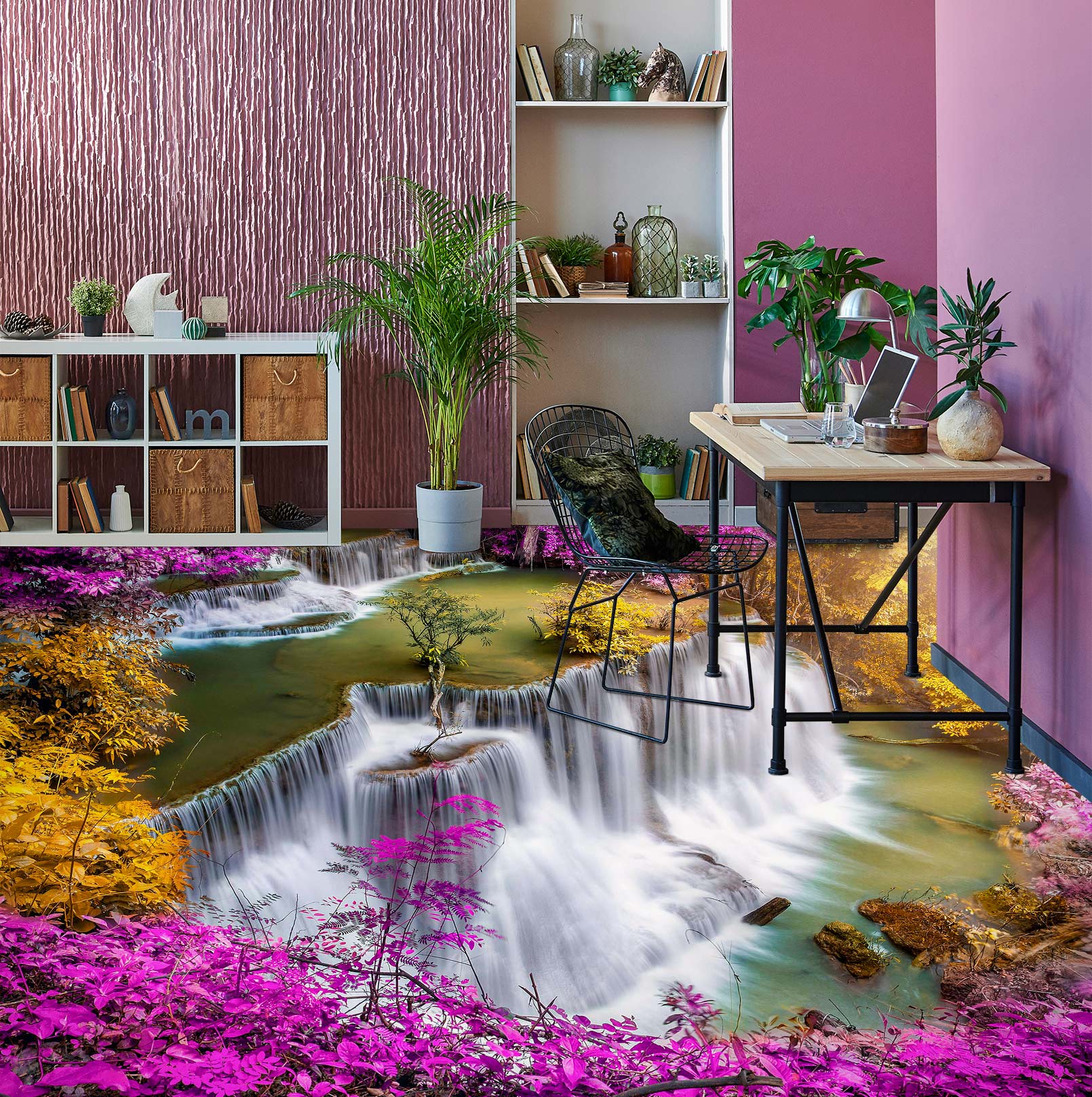 3D Waterfall And Purple Leaves 1168 Floor Mural Wallpaper Murals Self-Adhesive Removable Print Epoxy