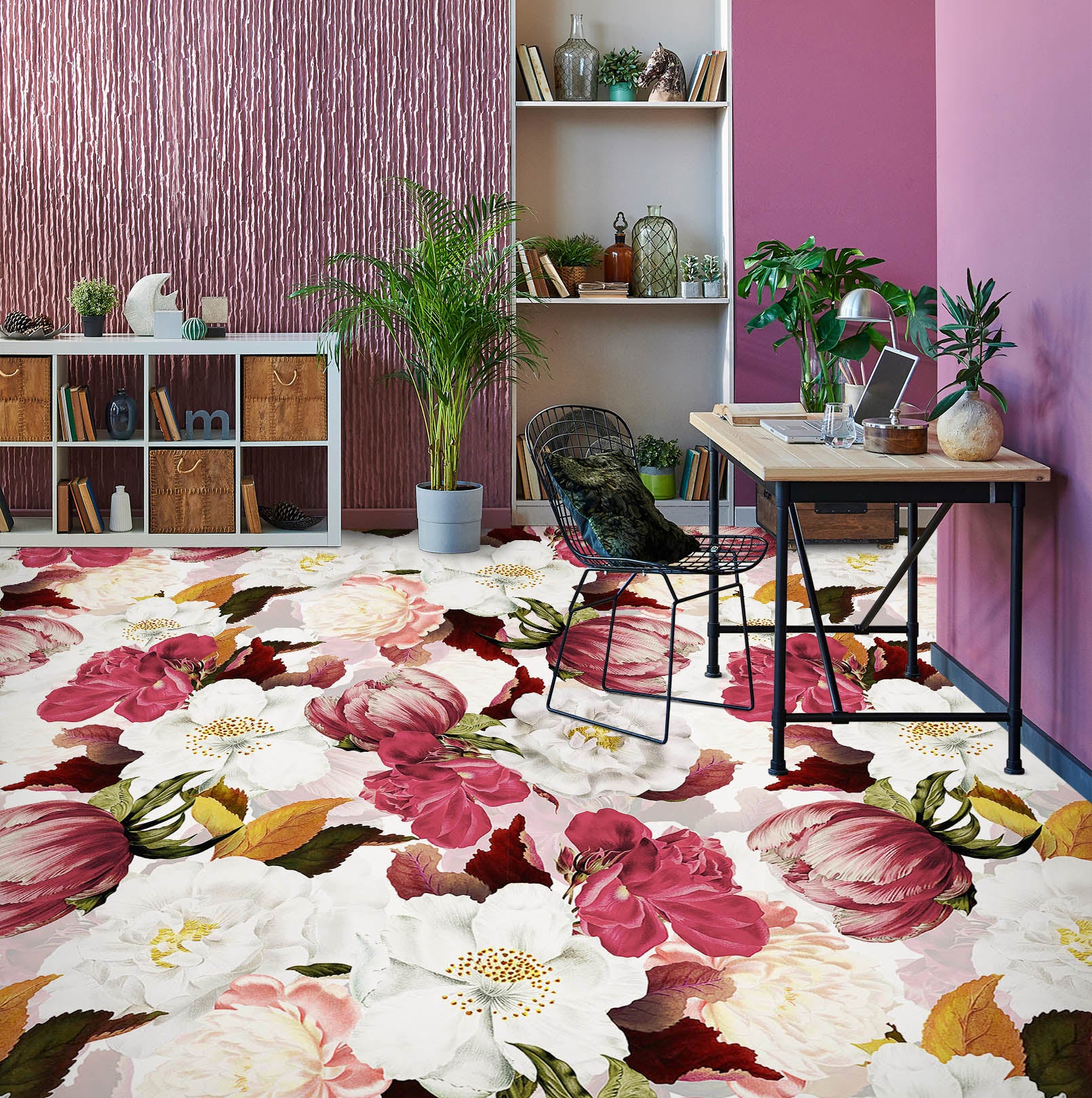 3D Pink White Flower Pattern 10014 Uta Naumann Floor Mural Wallpaper Murals Self-Adhesive Removable Print Epoxy