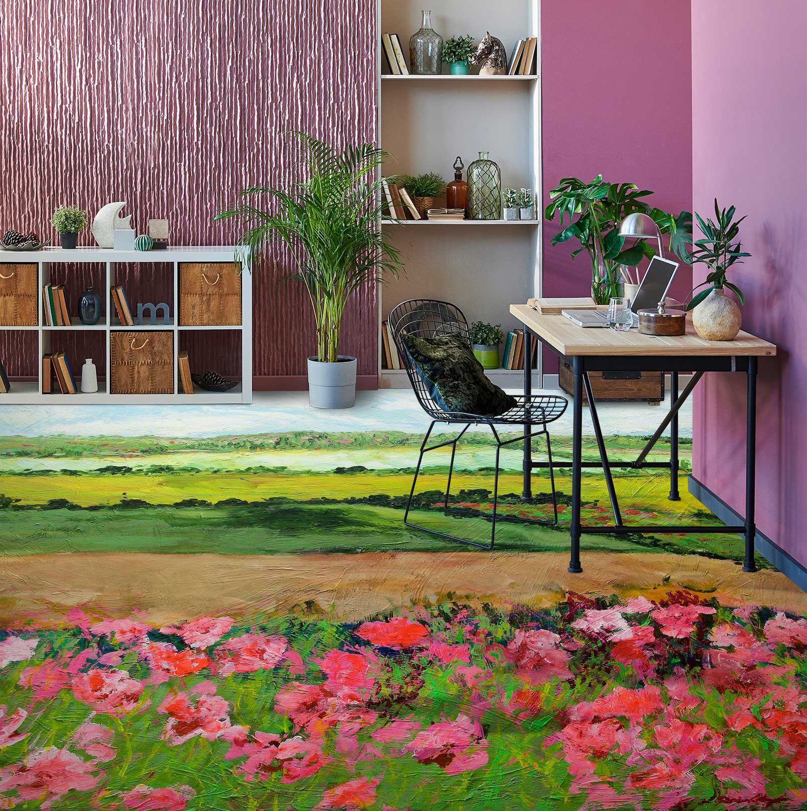 3D Grassland Pink Flowers 9646 Allan P. Friedlander Floor Mural Wallpaper Murals Self-Adhesive Removable Print Epoxy