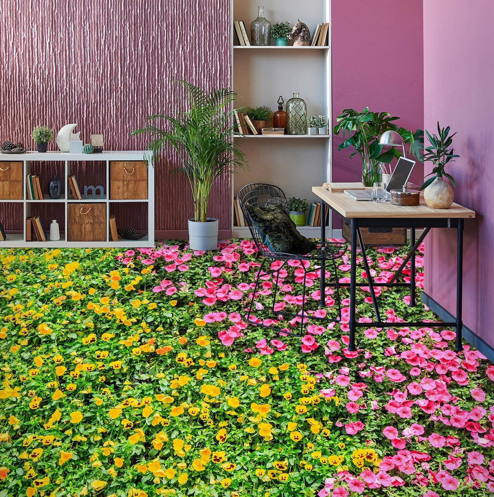 3D Pink And Yellow Flowers 917 Floor Mural Wallpaper Murals Rug & Mat Print Epoxy waterproof bath floor
