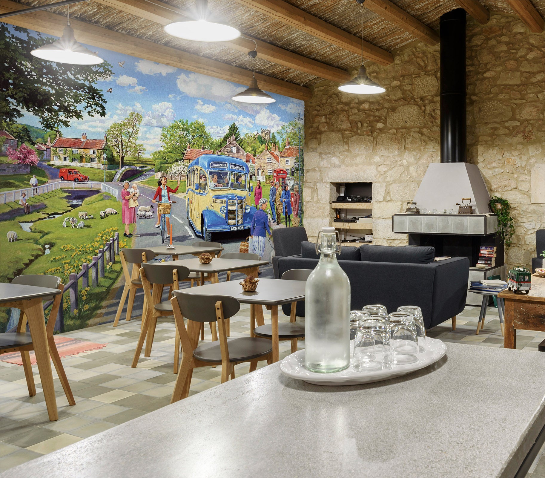 3D The Village Bus Stop 1071 Trevor Mitchell Wall Mural Wall Murals