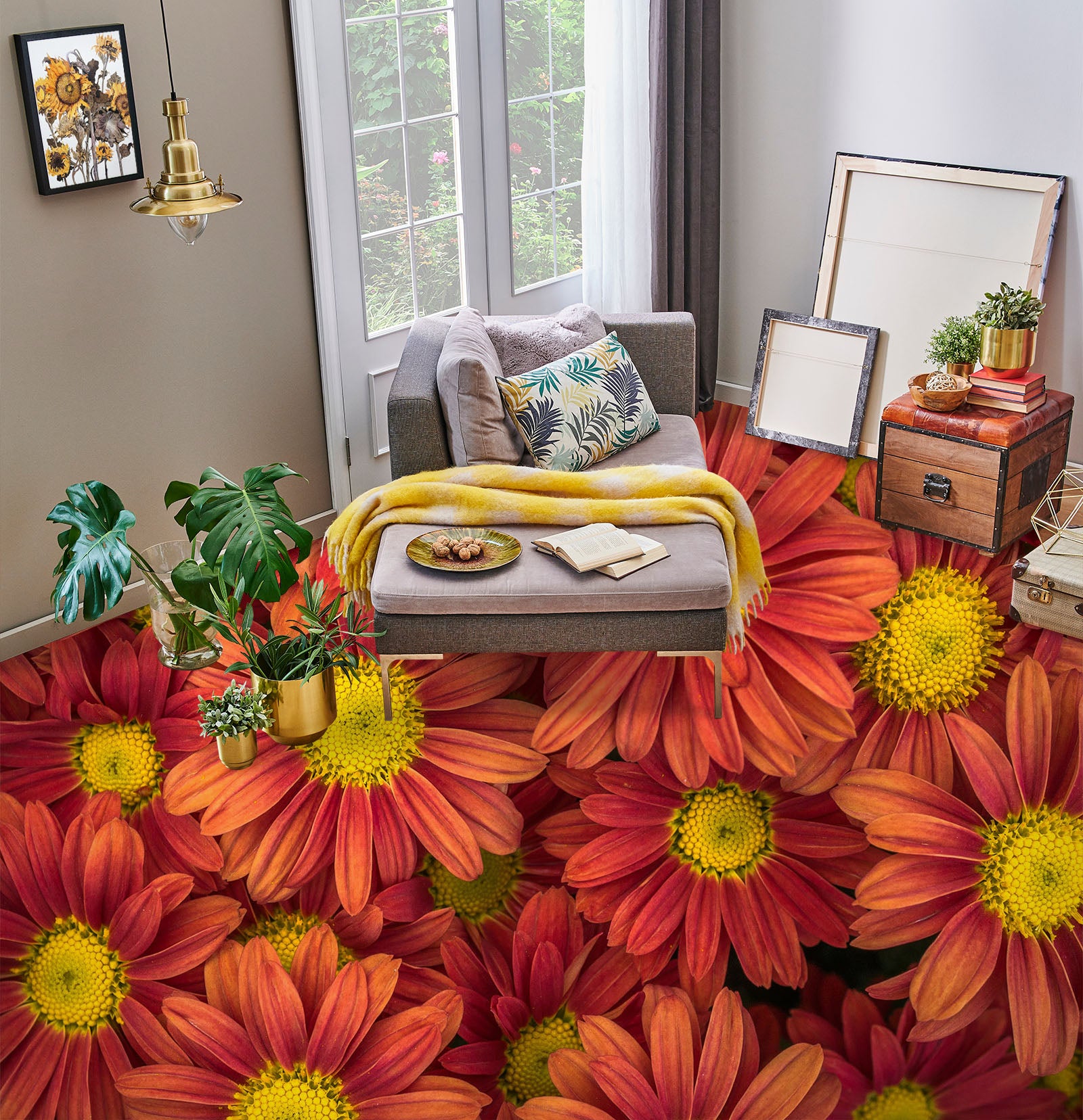 3D Red Chrysanthemum 1516 Floor Mural Wallpaper Murals Self-Adhesive Removable Print Epoxy