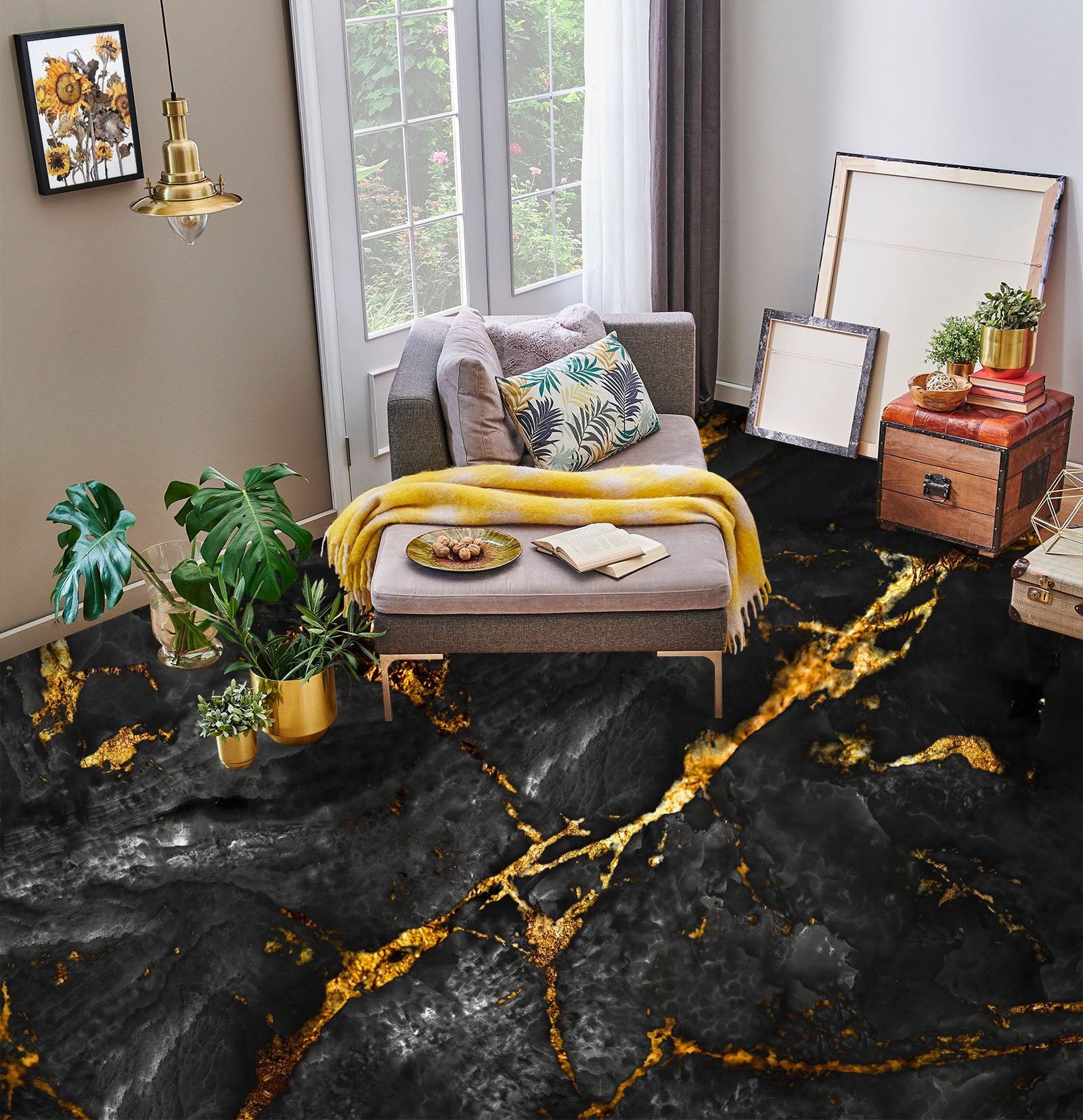 3D Gold And Black 775 Floor Mural Wallpaper Murals Rug & Mat Print Epoxy waterproof bath floor