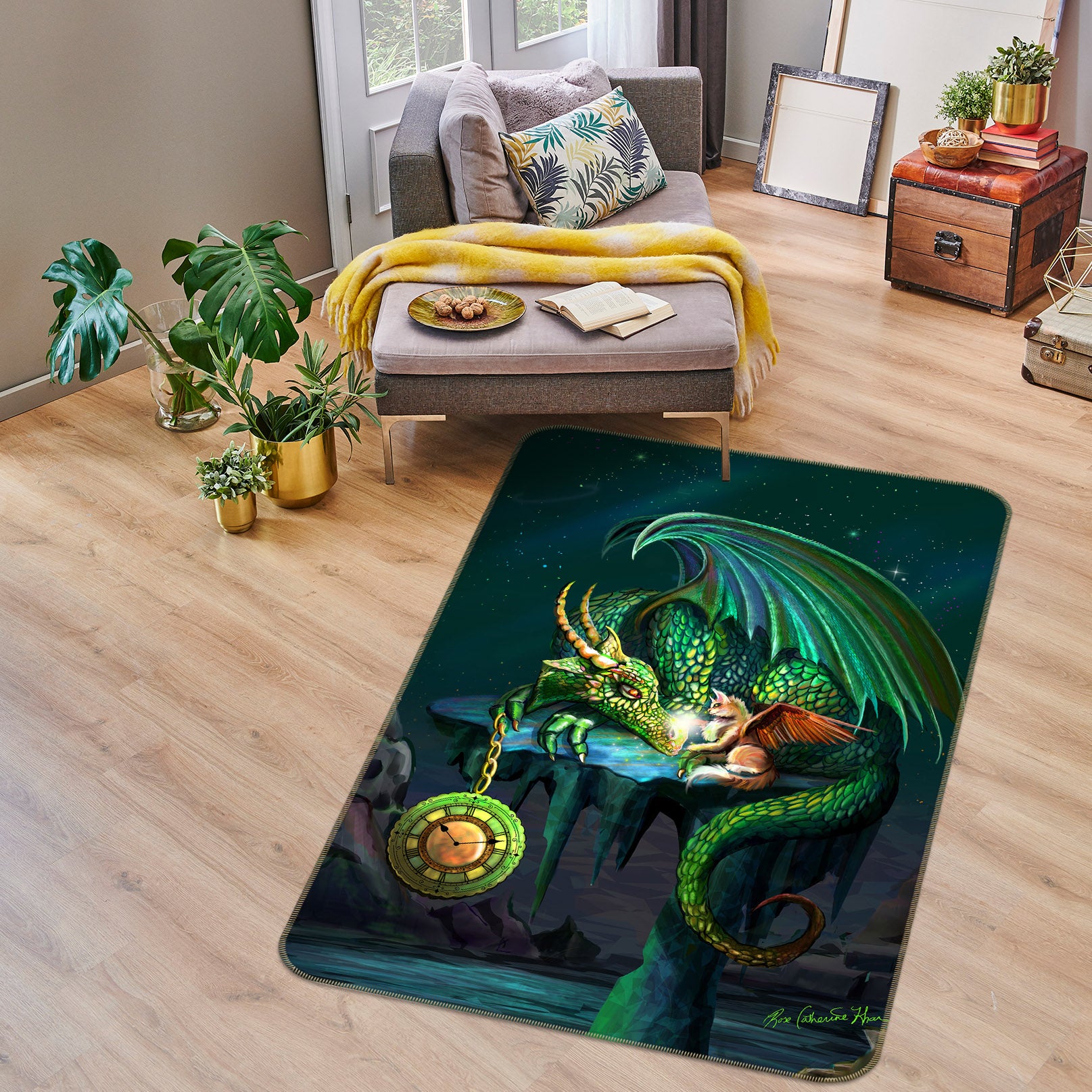 3D Green Dragon 3036 Rose Catherine Khan Rug Non Slip Rug Mat