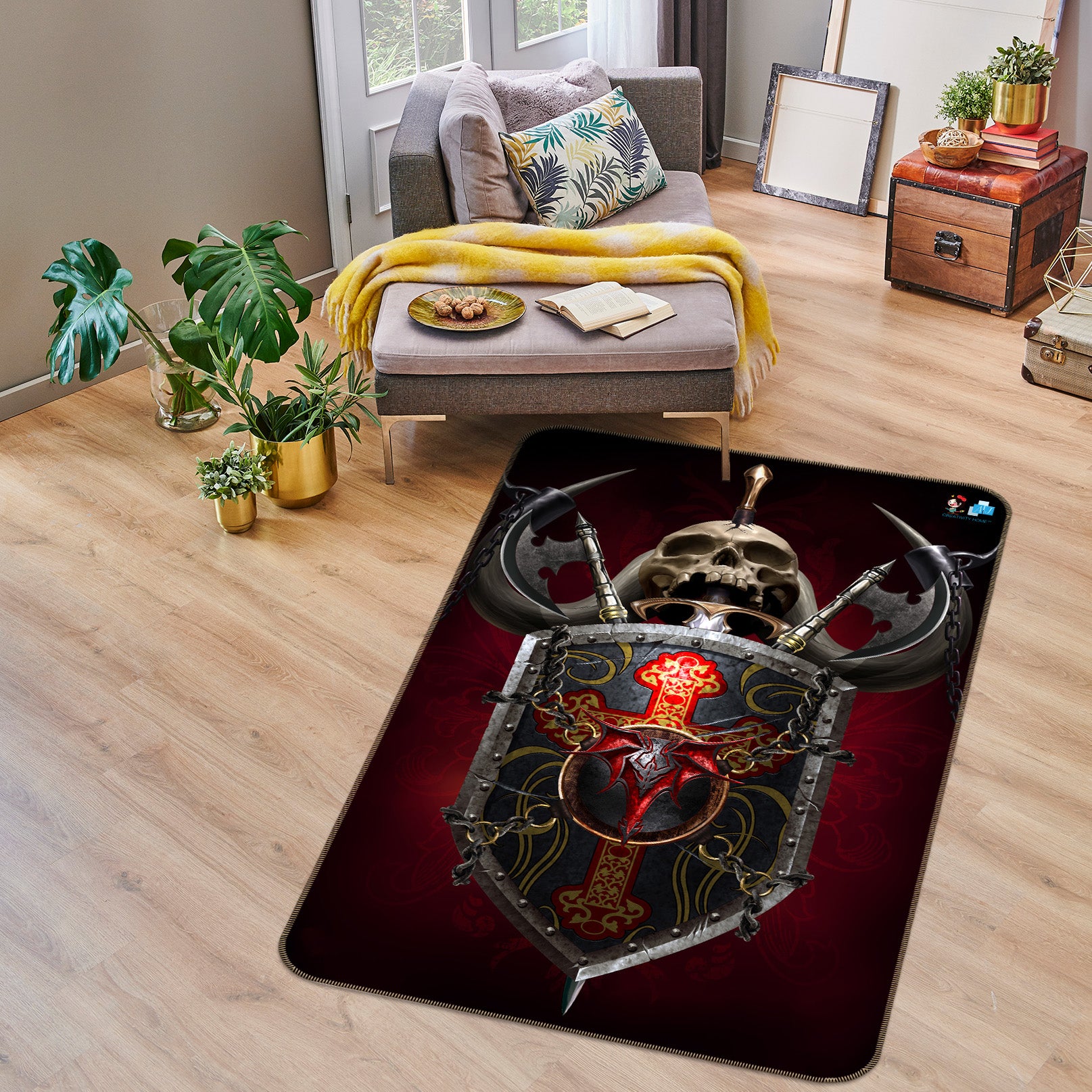 3D Metal Shield Skull 4139 Tom Wood Rug Non Slip Rug Mat