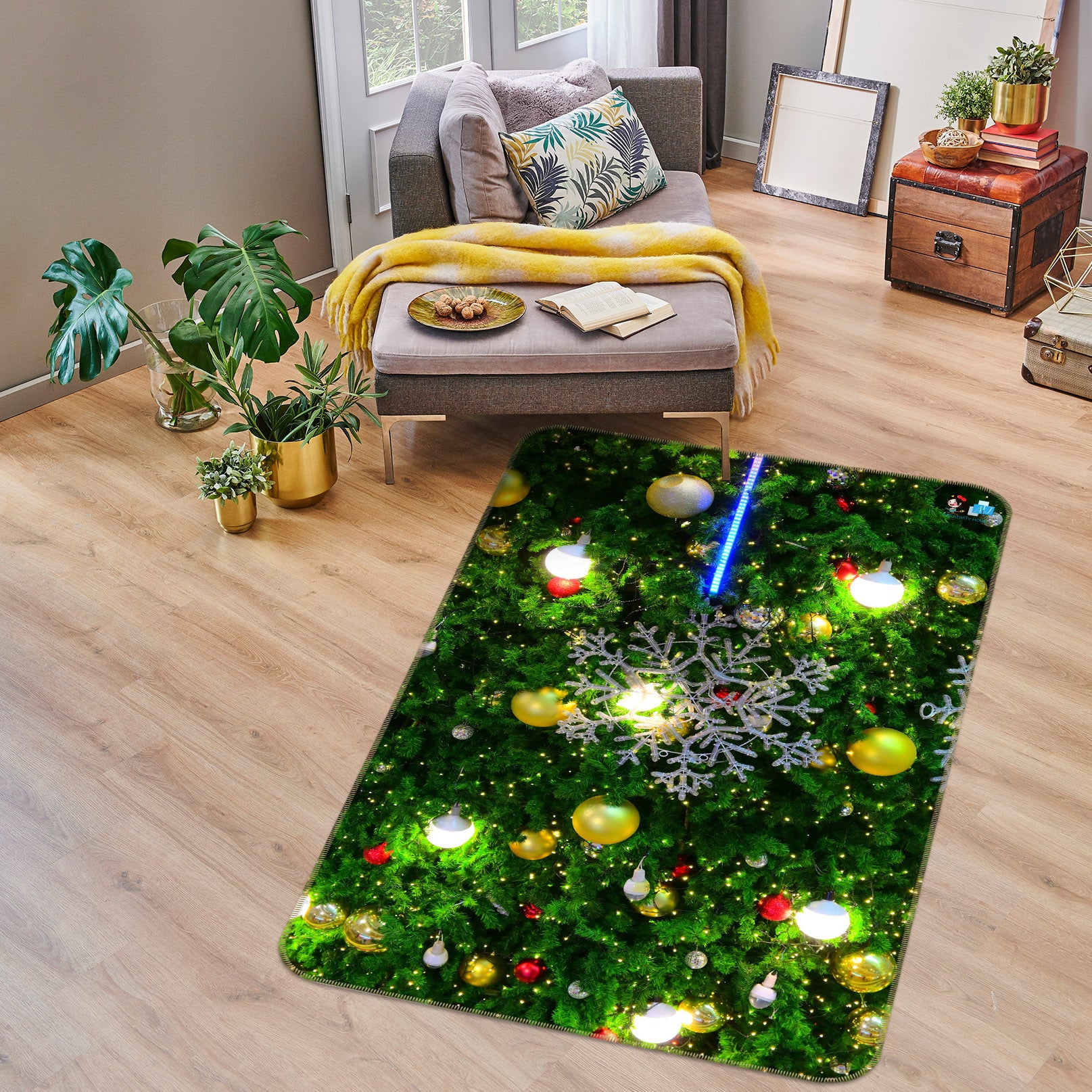 3D Yellow Ball Tree 57042 Christmas Non Slip Rug Mat Xmas